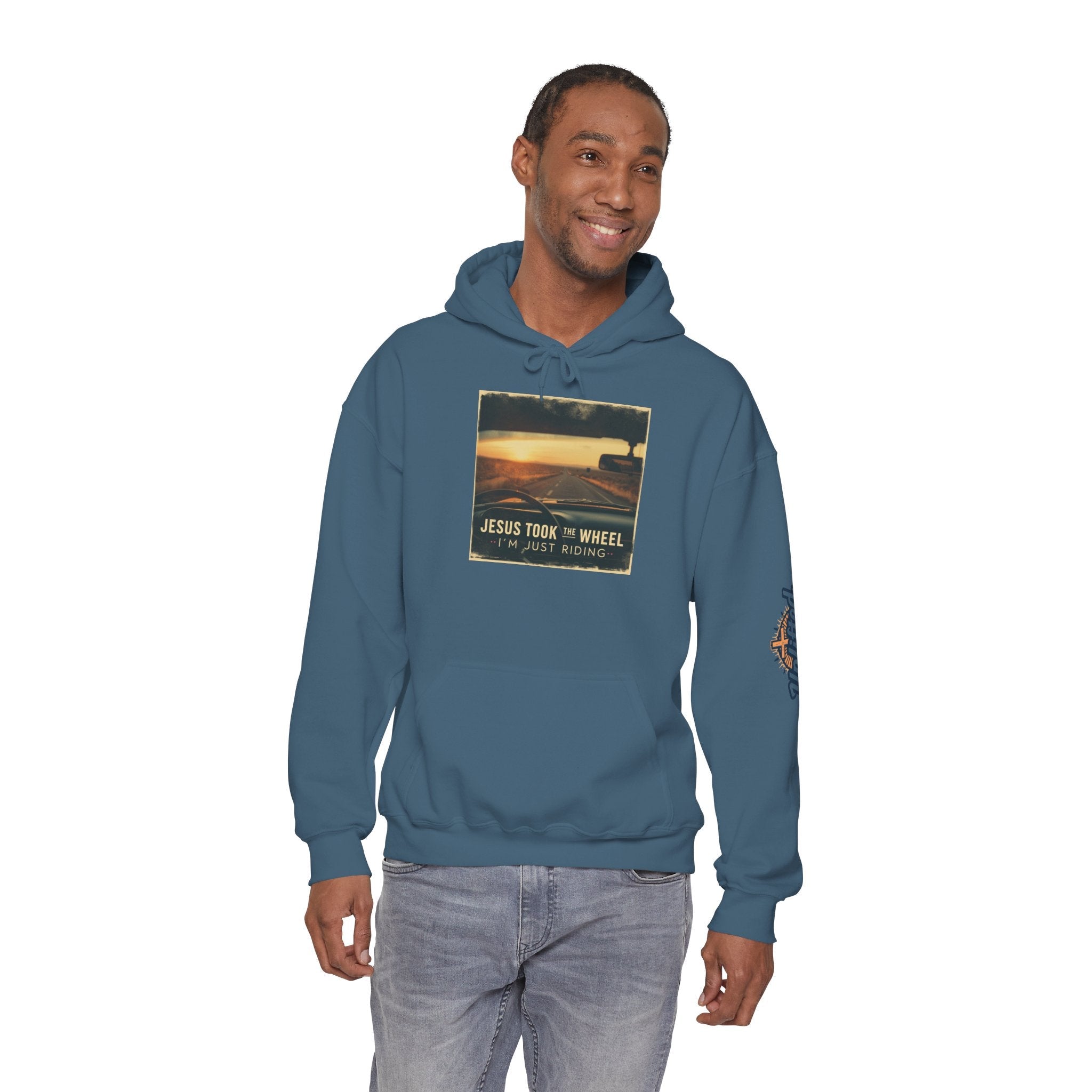Jesus Took the Wheel I'm Just Riding Hoodie – Funny Christian Convertible Car Sweatshirt for Surrendered Faith & Humor Printify