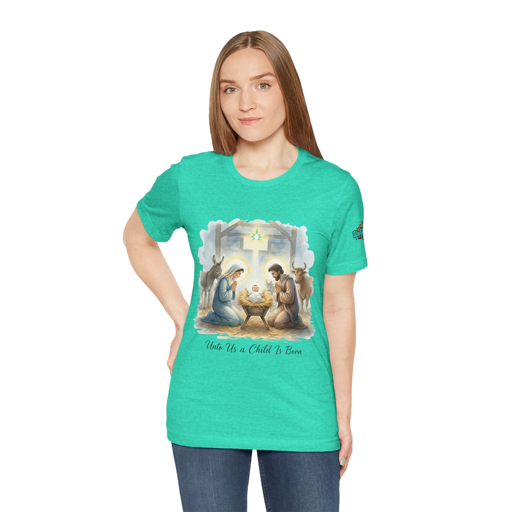Unto Us a Child is Born T-shirt – Isaiah 9:6 Nativity Manger Scene Christian Christmas T-shirt for Holy Night Faith Printify