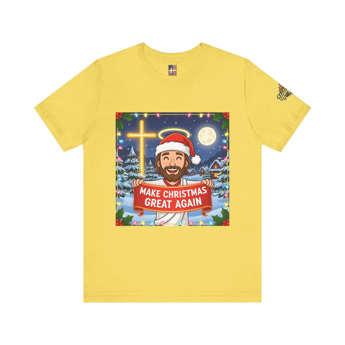 🎄 Make Christmas Great Again – Funny Christian T-Shirt | Jesus Holding Banner | Faith-Based Holiday Parody Tee | Uplifted Gear Printify