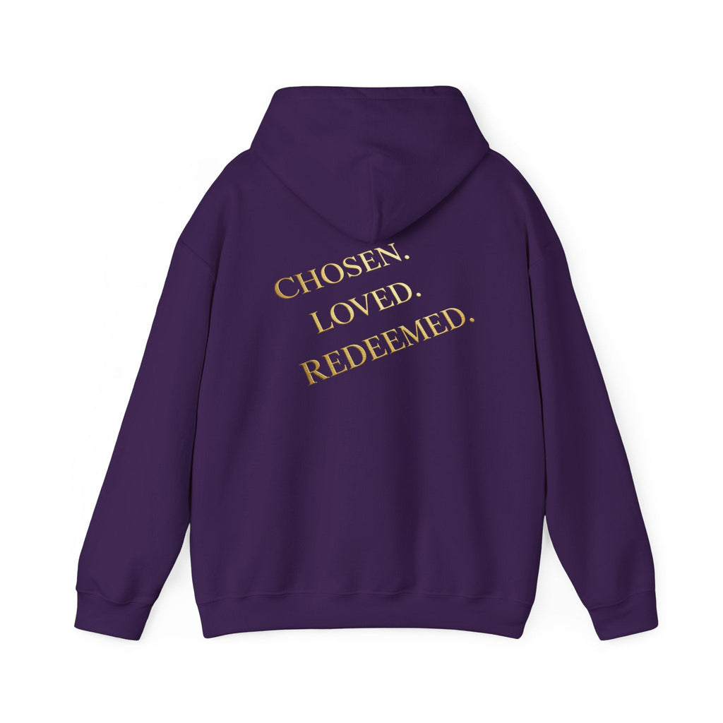 ✨ Chosen. Loved. Redeemed. – Elegant Christian Hoodie | Gold Foil Faith Tee | Subtle Cross & Heart Design | Inspirational Bible Verse Apparel by Uplifted Gear Printify