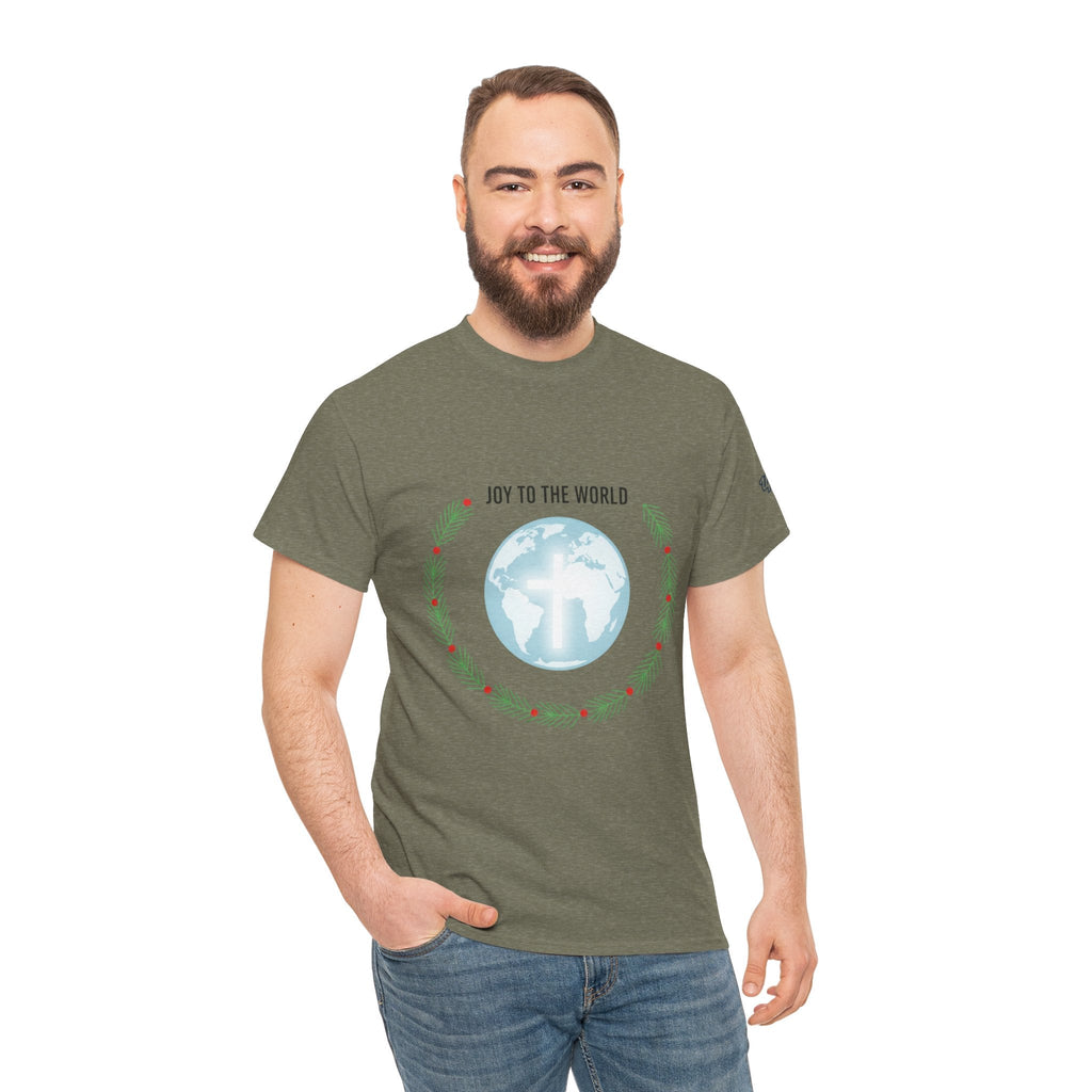 Joy to the World T-shirt – Wreath Earth Nativity Christian Christmas T-shirt for Isaiah 9:6 Holiday Faith & Festive Joy Printify