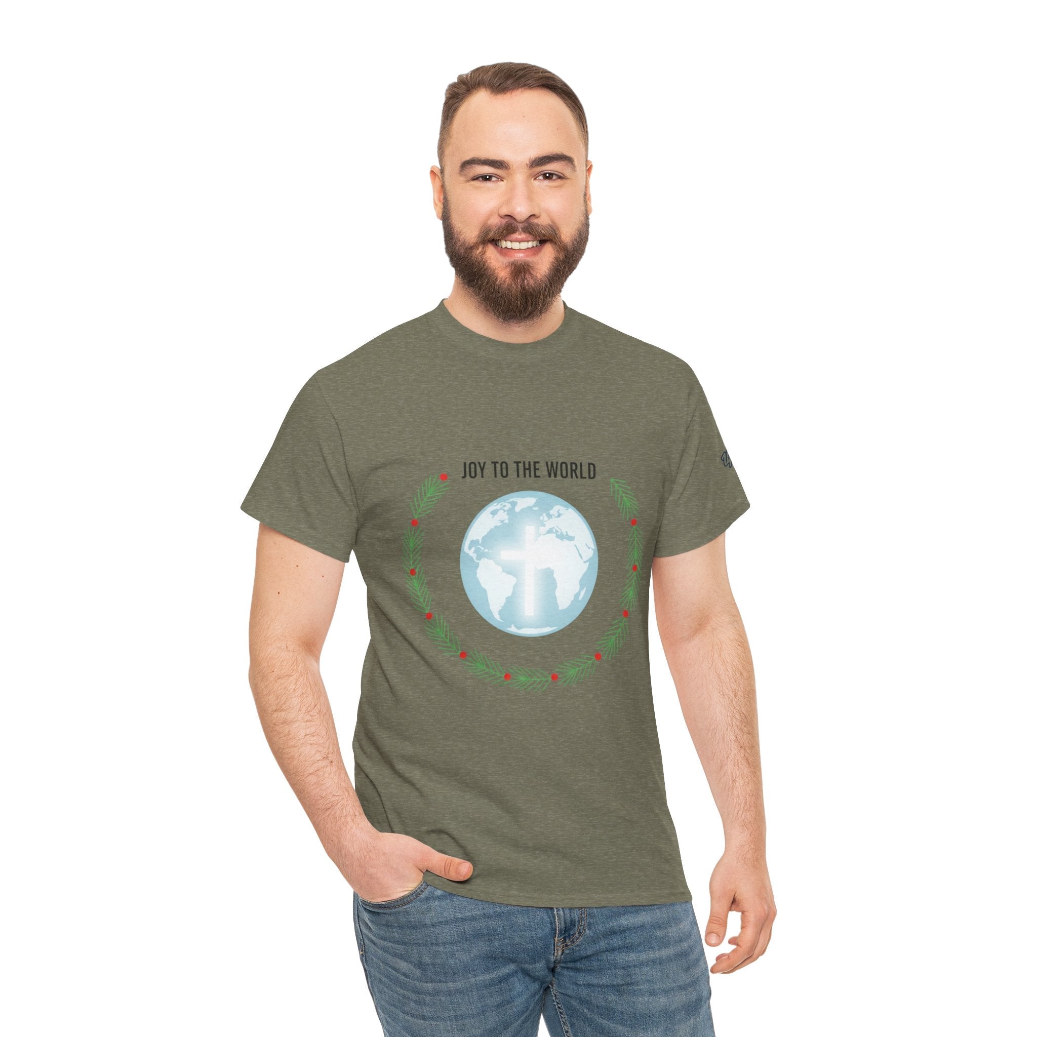 Joy to the World T-shirt – Wreath Earth Nativity Christian Christmas T-shirt for Isaiah 9:6 Holiday Faith & Festive Joy Printify