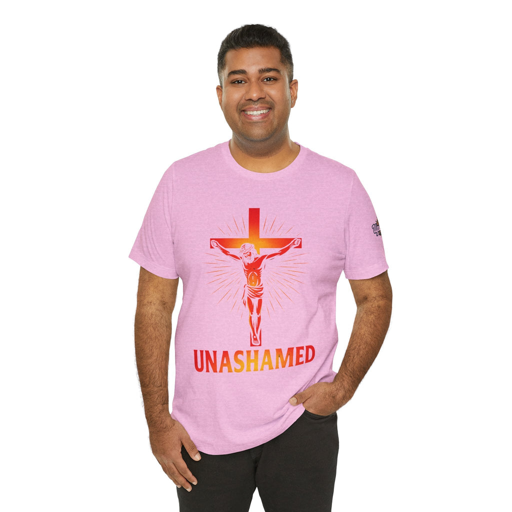 Unashamed T-shirt – Romans 1:16 Crucifixion Christian t-shirt for Bold Unwavering Faith Printify