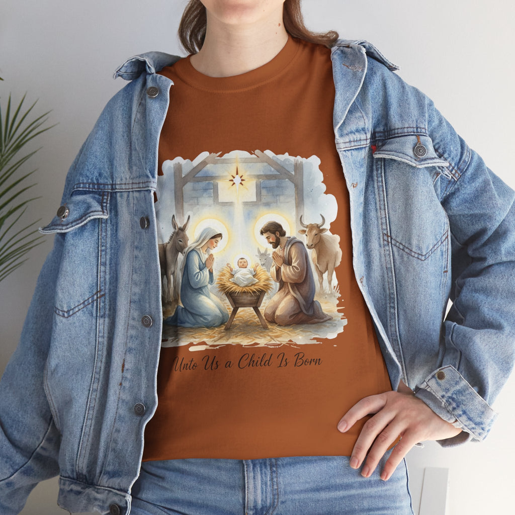 Unto Us a Child is Born T-shirt – Isaiah 9:6 Nativity Manger Scene Christian Christmas T-shirt for Holy Night Faith Printify