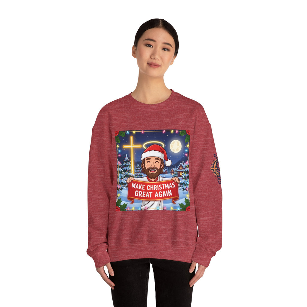 🎄 Make Christmas Great Again – Funny Christian Sweatshirt | Jesus Holding Banner | Faith-Based Holiday Parody Tee | Uplifted Gear Printify