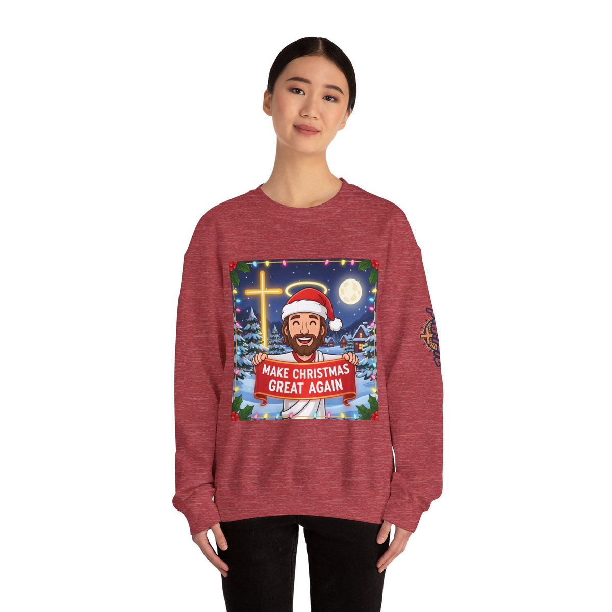🎄 Make Christmas Great Again – Funny Christian Sweatshirt | Jesus Holding Banner | Faith-Based Holiday Parody Tee | Uplifted Gear Printify