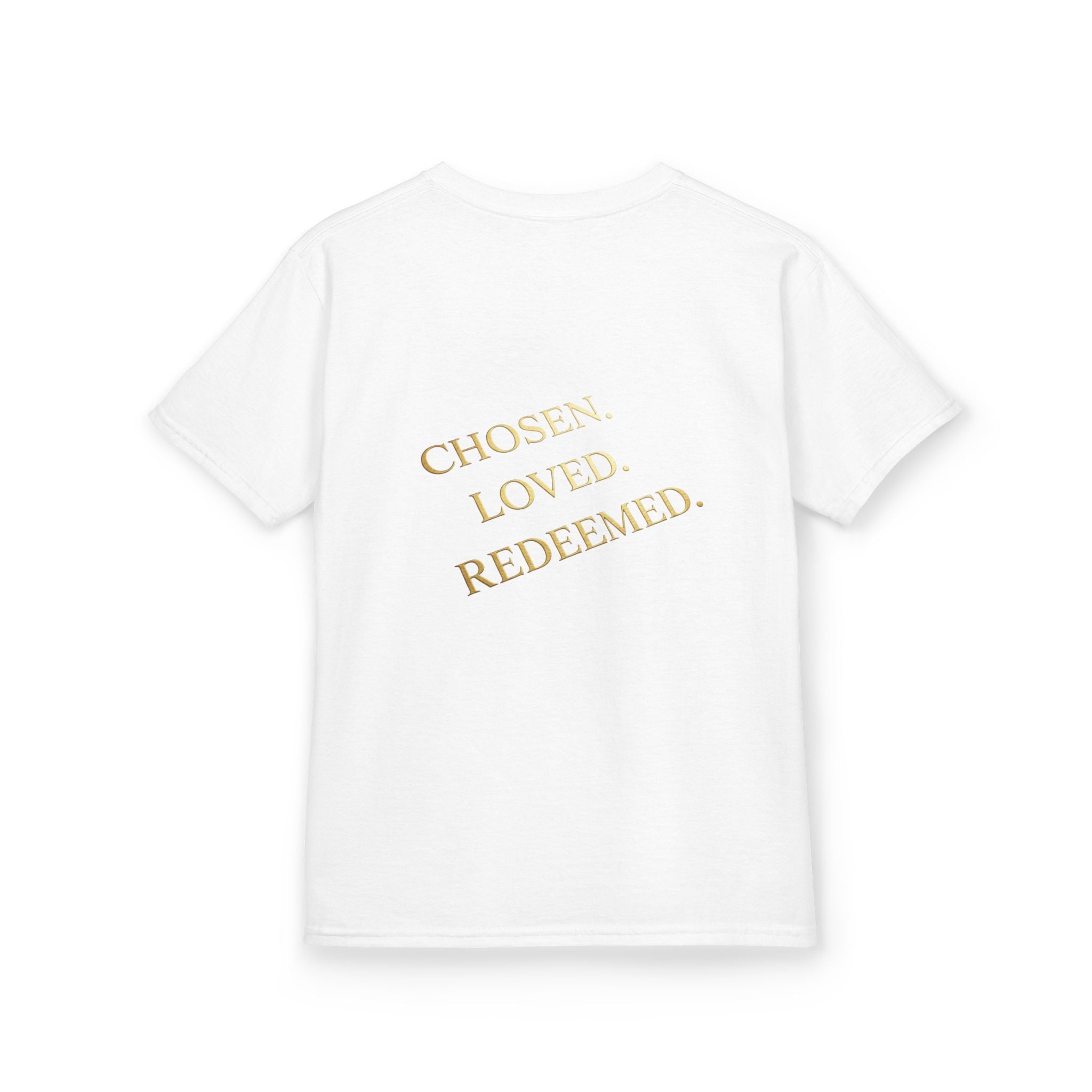 ✨ Chosen. Loved. Redeemed. – Elegant Christian Kids T-Shirt | Gold Foil Faith Tee | Subtle Cross & Heart Design | Inspirational Bible Verse Apparel by Uplifted Gear Printify