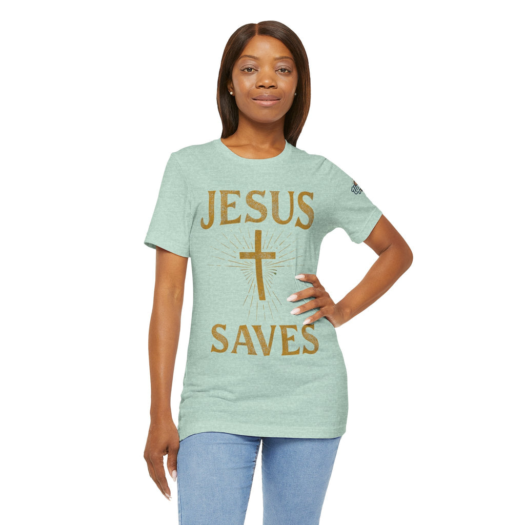 Jesus Saves T-shirt – Radiant Cross & Rays of Light Christian T-shirt for Eternal Hope & Faith Printify