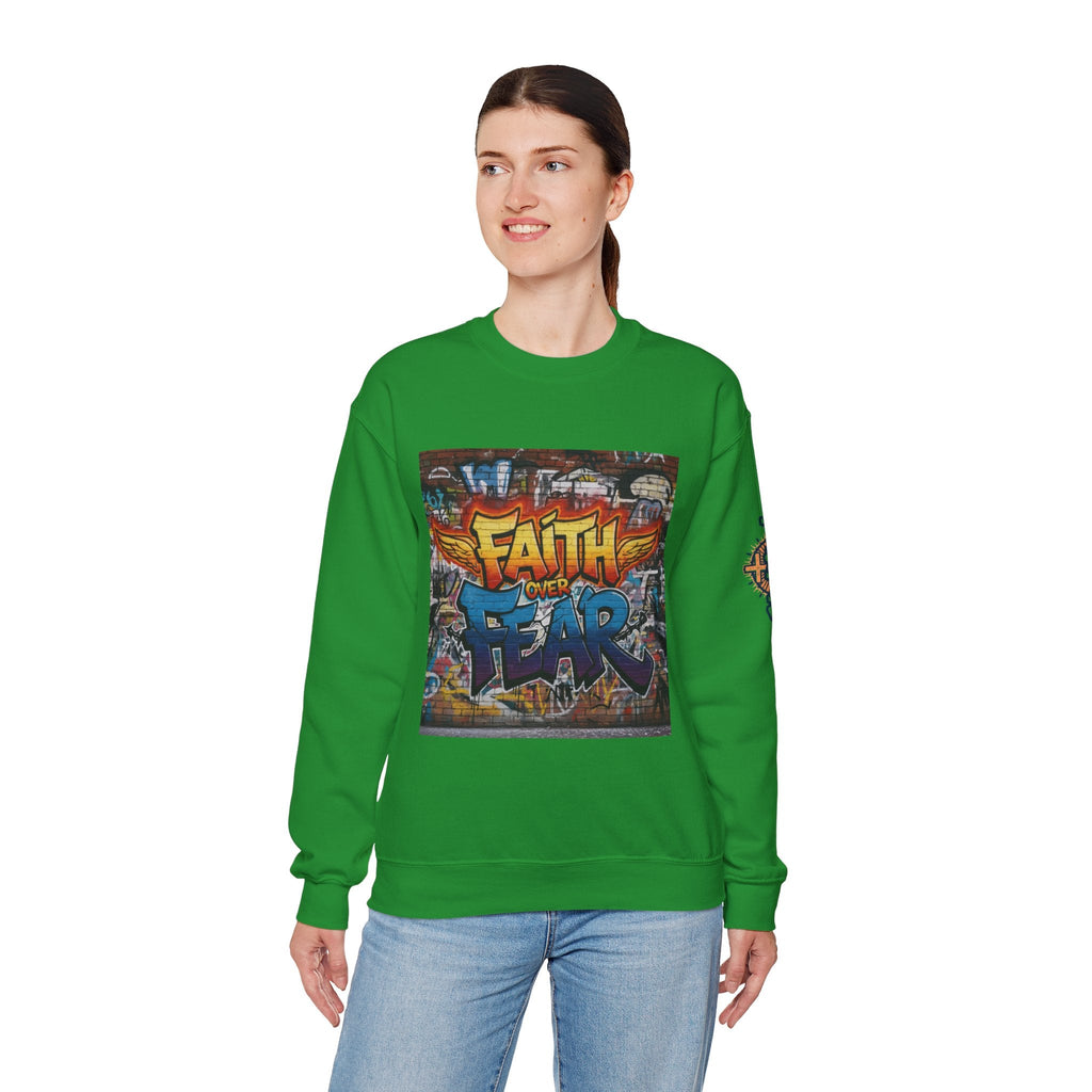 Faith Over Fear Sweatshirt – Graffiti Wall Christian Sweatshirt for Bold 2 Corinthians 5:7 Streetwear & Unshakable Faith Printify