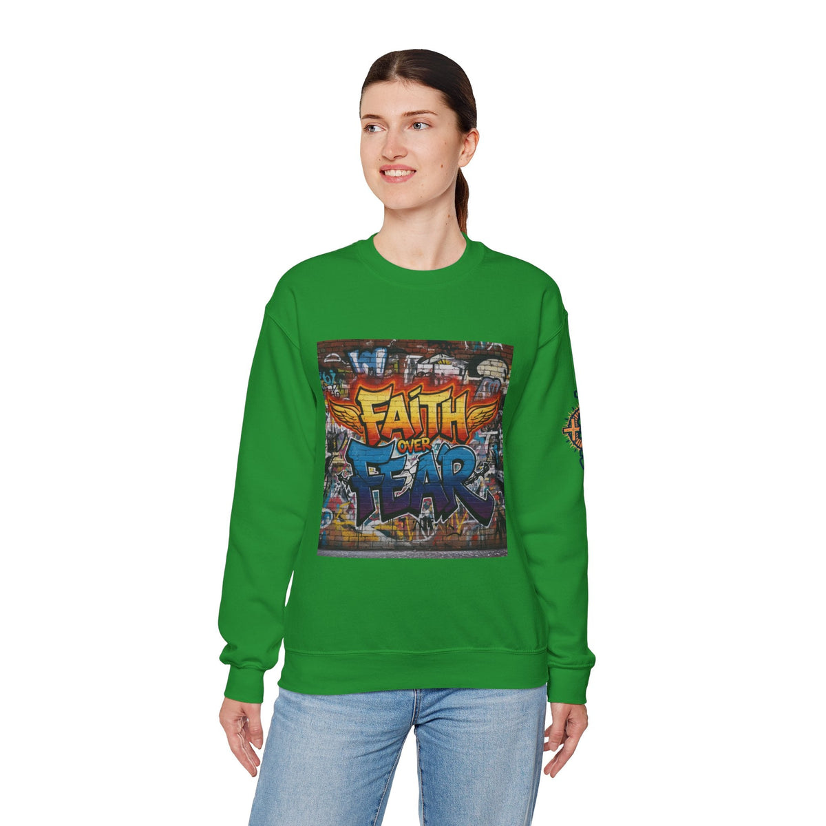 Faith Over Fear Sweatshirt – Graffiti Wall Christian Sweatshirt for Bold 2 Corinthians 5:7 Streetwear & Unshakable Faith Printify
