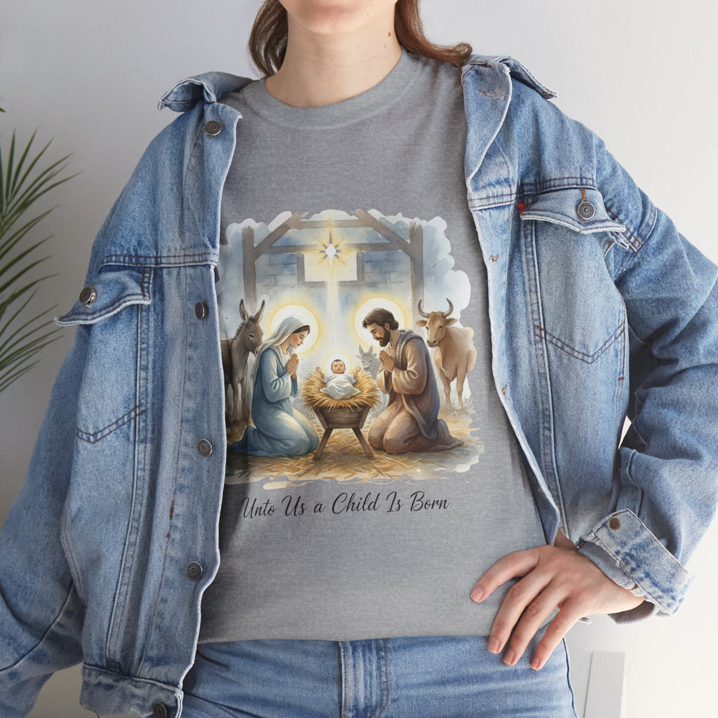 Unto Us a Child is Born T-shirt – Isaiah 9:6 Nativity Manger Scene Christian Christmas T-shirt for Holy Night Faith Printify