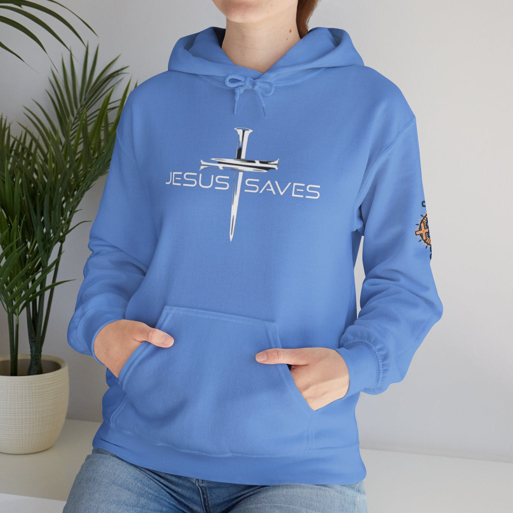 Jesus Saves Hoodie – 3 Nails Crucifix Cross Christian Sweatshirt for Redemption Faith & Bold Salvation Printify
