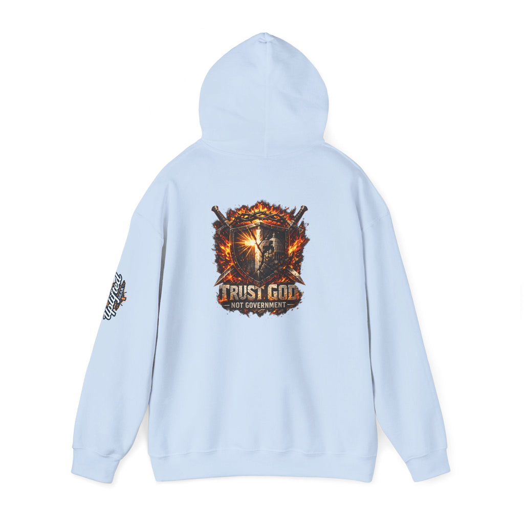Trust God Not Government Shield Hoodie — Patriotic Christian Faith Hoodie Printify