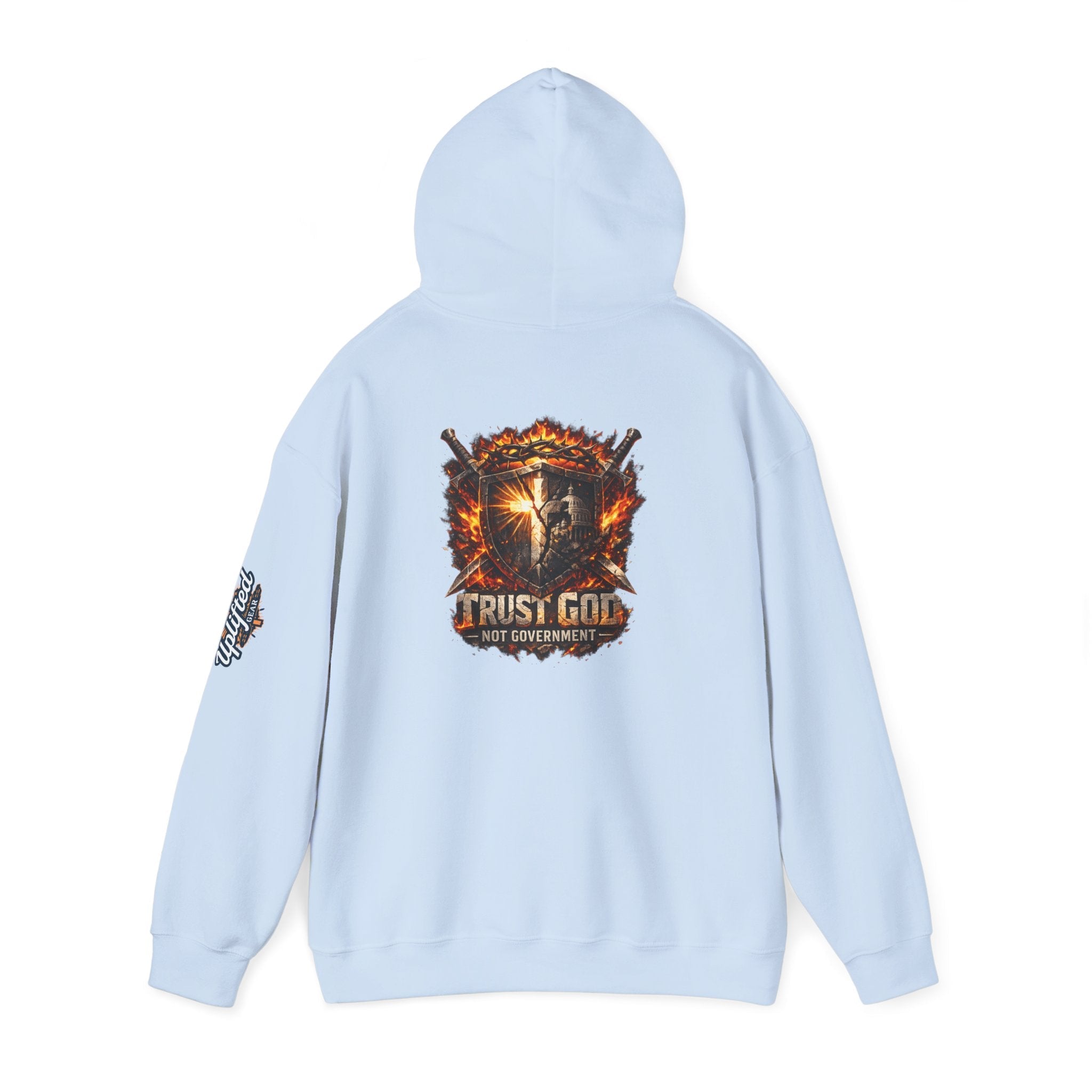 Trust God Not Government Shield Hoodie — Patriotic Christian Faith Hoodie Printify