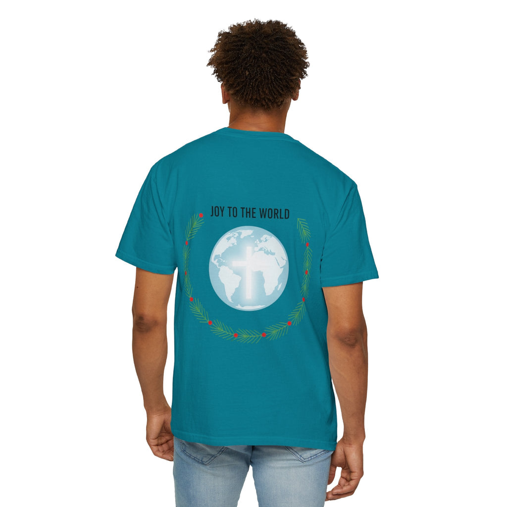 Joy to the World T-shirt – Wreath Earth Nativity Christian Christmas T-shirt for Isaiah 9:6 Holiday Faith & Festive Joy Printify