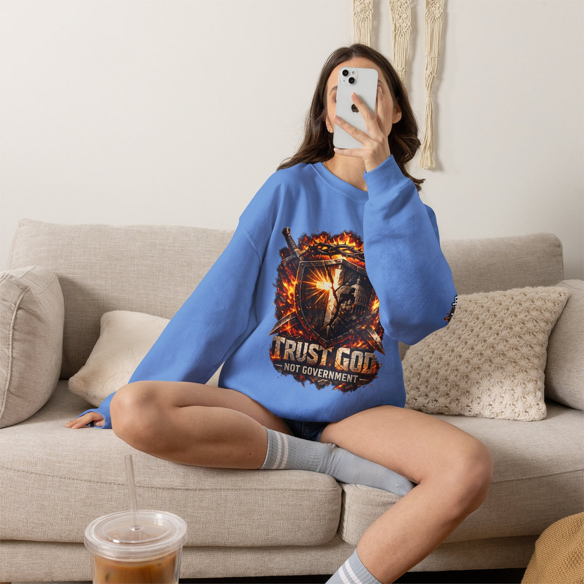 Trust God Not Government Shield Sweatshirt — Patriotic Christian Faith Sweatshirt Printify