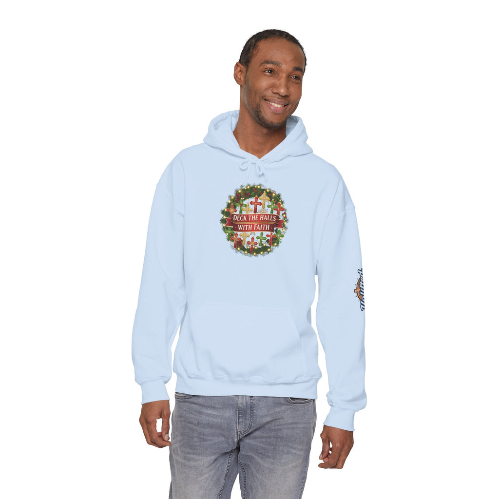 🎄 Deck the Halls with Faith – Christian Christmas Hoodie | Cross Ornament Design & Festive Garland | Bold Holiday Faith Tee by Uplifted Gear Printify