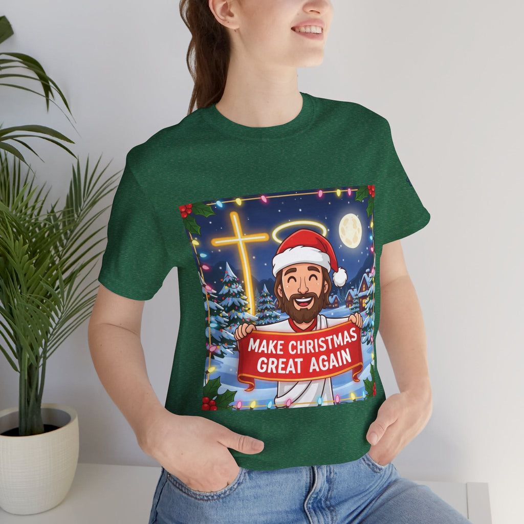 🎄 Make Christmas Great Again – Funny Christian T-Shirt | Jesus Holding Banner | Faith-Based Holiday Parody Tee | Uplifted Gear Printify