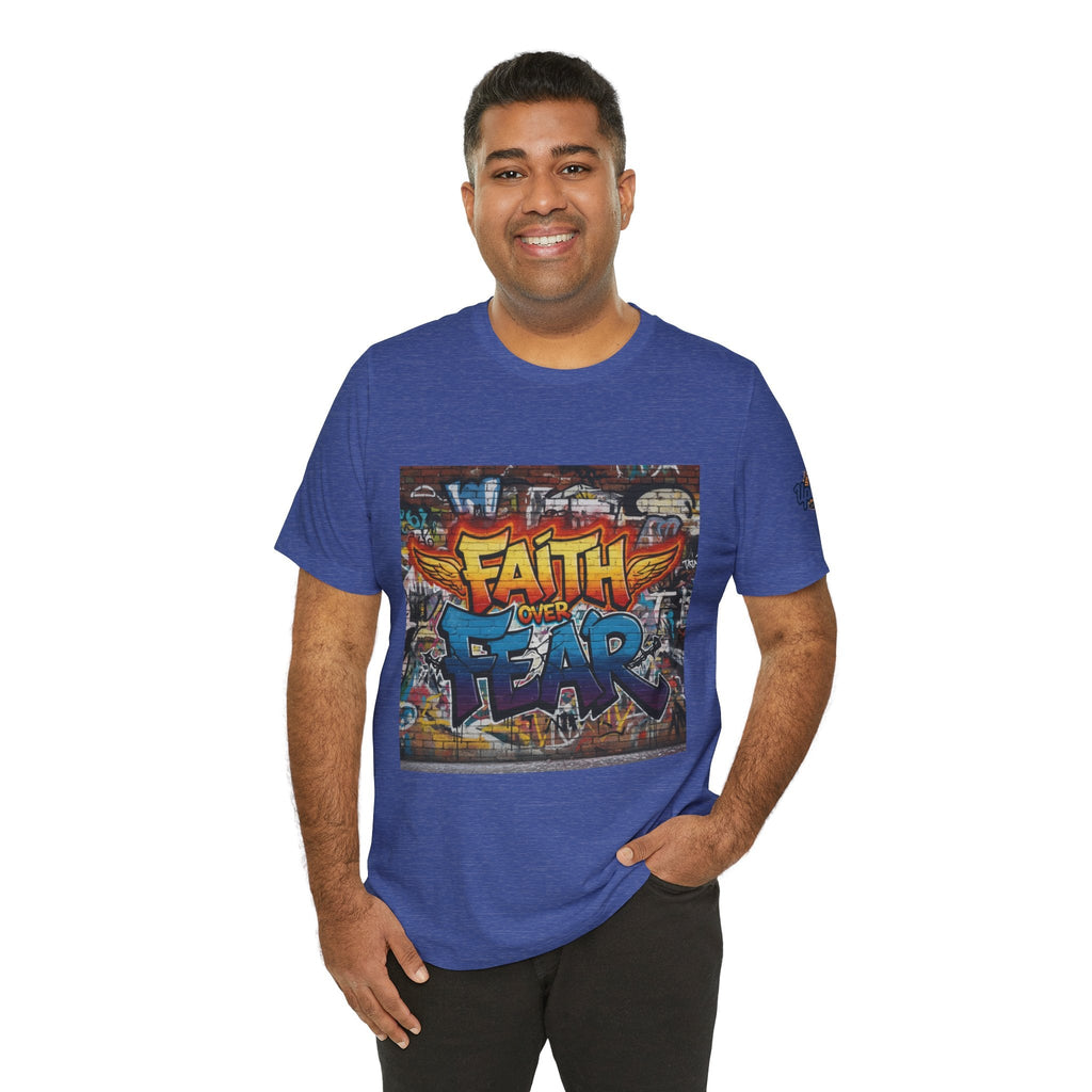 Faith Over Fear T-shirt – Graffiti Wall Christian T-shirt for Bold 2 Corinthians 5:7 Streetwear & Unshakable Faith Printify