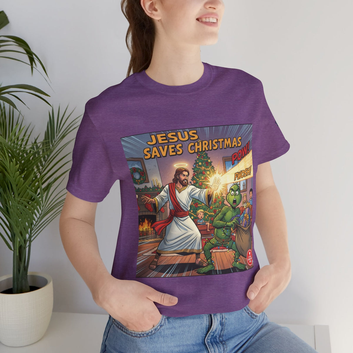 Jesus Saves Christmas T-shirt – Grinch vs Savior Light Battle Christian T-shirt for Hilarious Holiday Faith & True Joy Printify