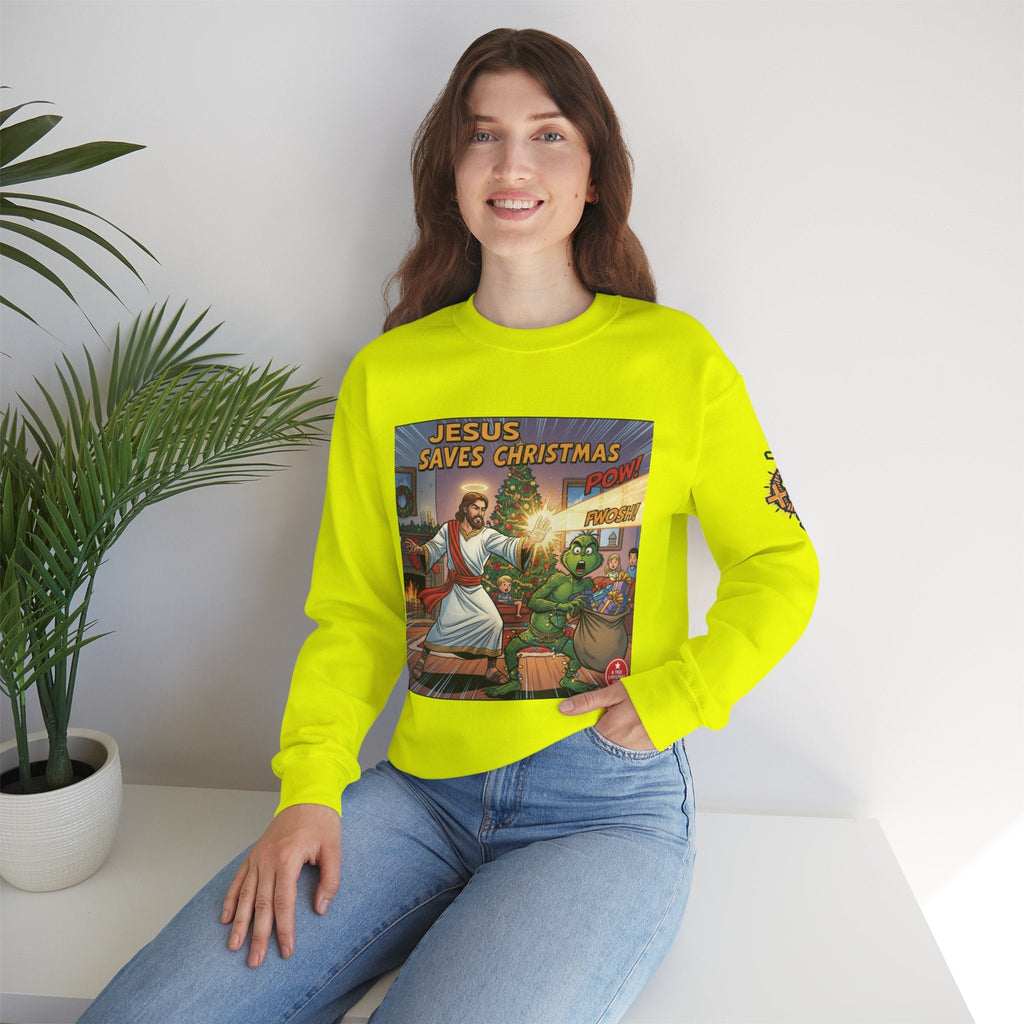 Jesus Saves Christmas Sweatshirt – Grinch vs Savior Light Battle Christian Sweatshirt for Hilarious Holiday Faith & True Joy Printify