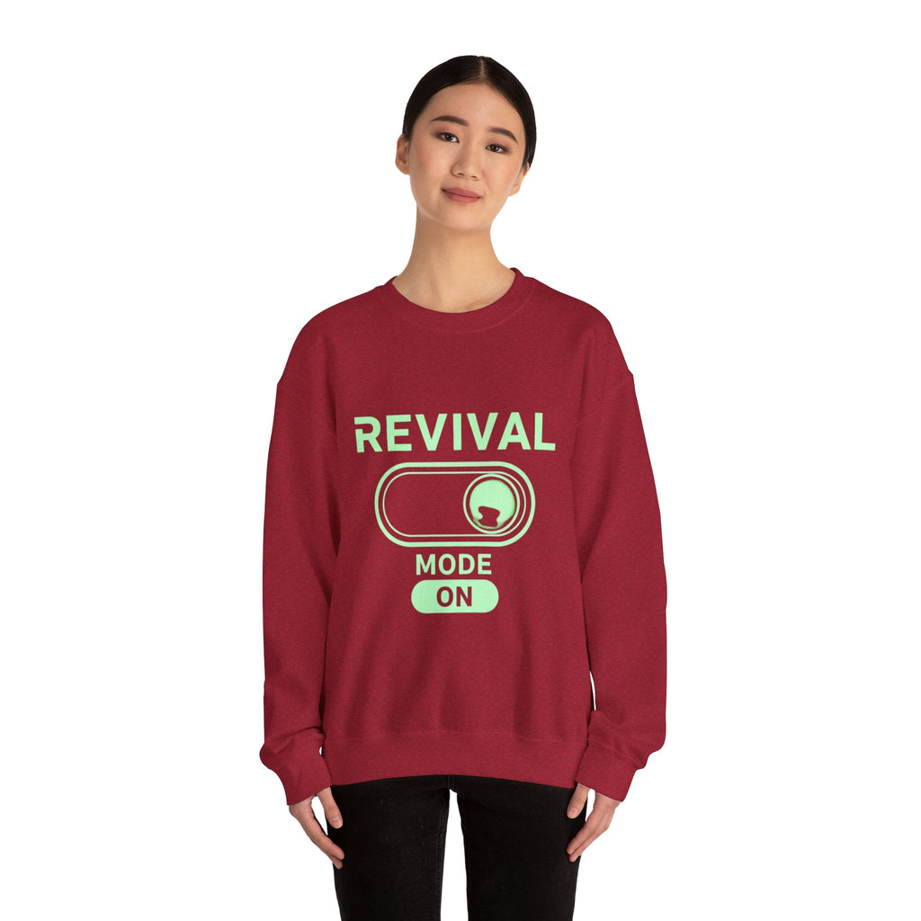🔥 Revival Mode: ON – Christian Techwear Sweatshirt | Glowing Green Faith Switch | Futuristic Jesus Shirt | Activate Your Spiritual Awakening | Uplifted Gear Printify