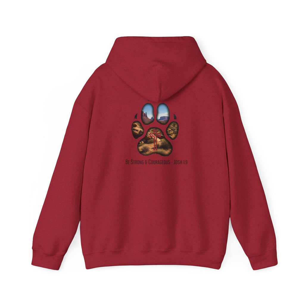 Strong and Courageous Hoodie – Joshua 1:9 Canine Pawprint Desert Christian Hoodie for Dog Lovers Printify
