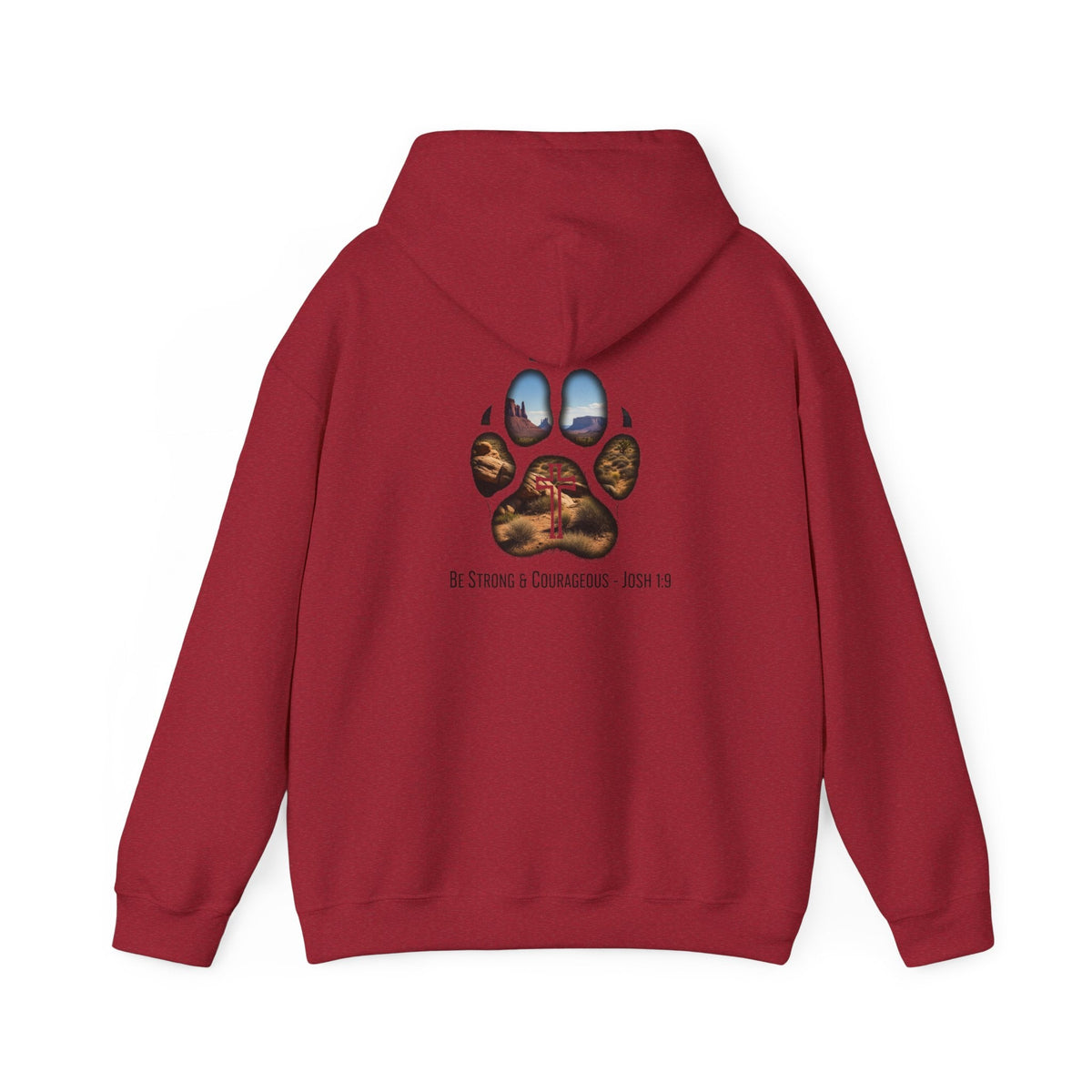 Strong and Courageous Hoodie – Joshua 1:9 Canine Pawprint Desert Christian Hoodie for Dog Lovers Printify