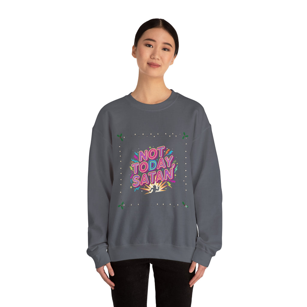 🔥 Not Today, Satan – Retro 90s Christian Sweatshirt | Neon Faith Tee | Funky Cartoon Devil | Bold Bible Verse Shirt | Uplifted Gear Printify