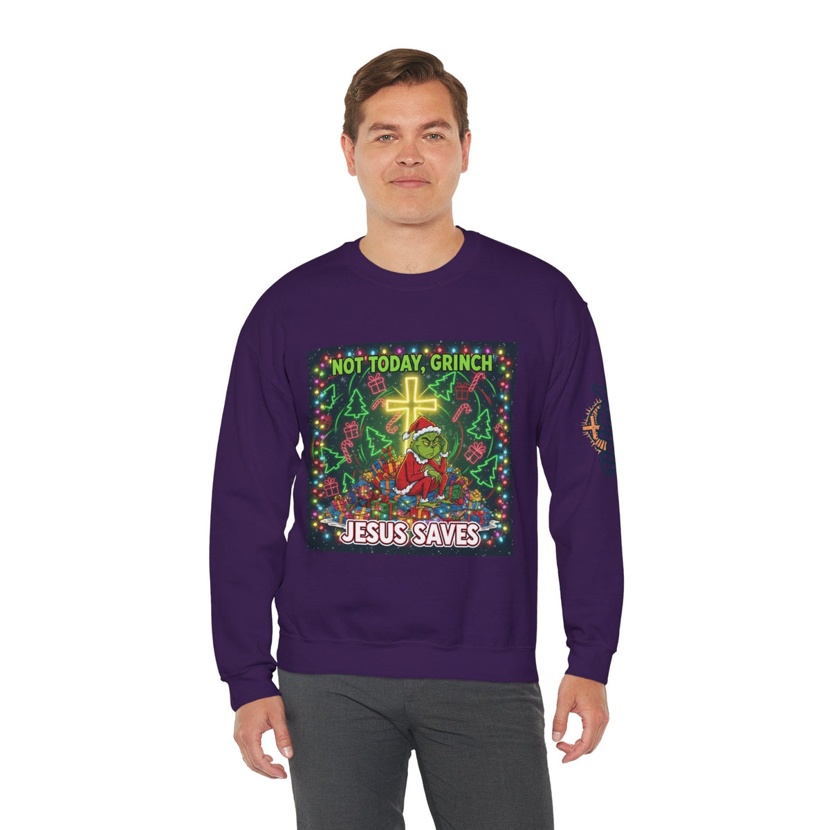 🎄 Not Today, Grinch – Jesus Saves | Funny Christian Christmas Sweatshirt | Festive Green & Red Cartoon Style | Bold Faith Holiday Tee by Uplifted Gear Printify