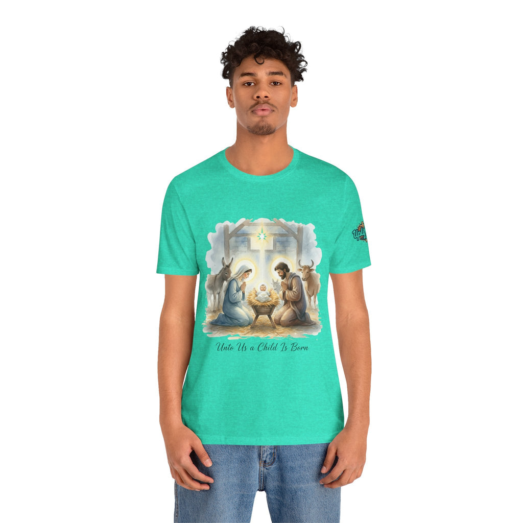 Unto Us a Child is Born T-shirt – Isaiah 9:6 Nativity Manger Scene Christian Christmas T-shirt for Holy Night Faith Printify