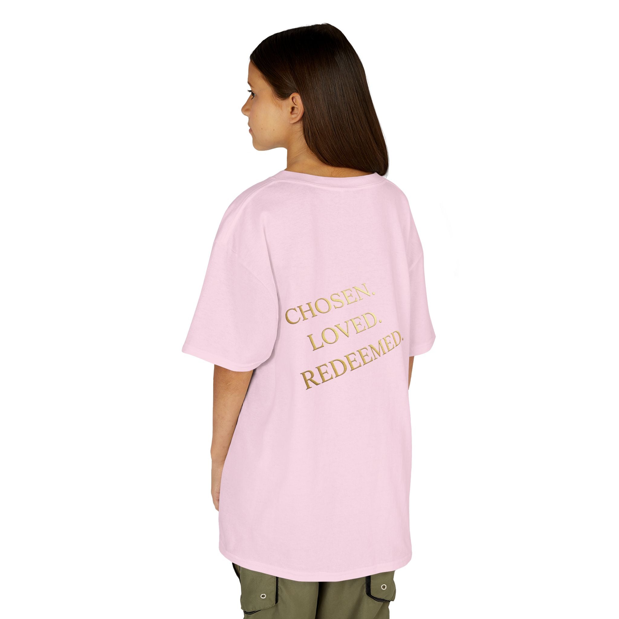 ✨ Chosen. Loved. Redeemed. – Elegant Christian Kids T-Shirt | Gold Foil Faith Tee | Subtle Cross & Heart Design | Inspirational Bible Verse Apparel by Uplifted Gear Printify
