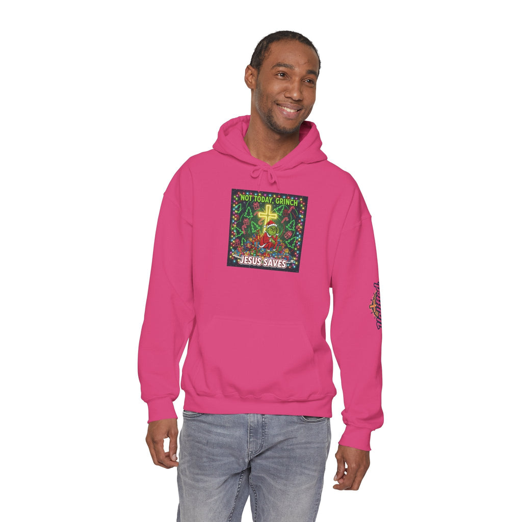 🎄 Not Today, Grinch – Jesus Saves | Funny Christian Christmas Hoodie | Festive Green & Red Cartoon Style | Bold Faith Holiday Tee by Uplifted Gear Printify