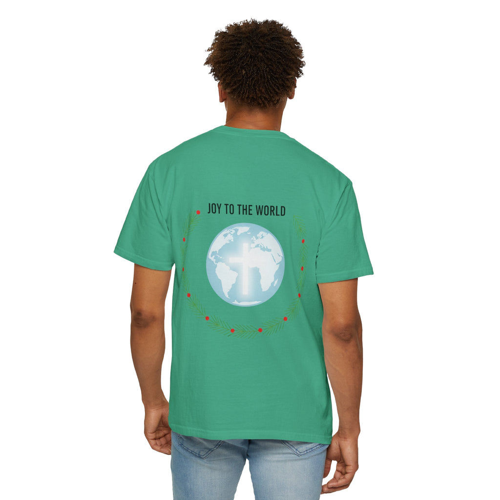 Joy to the World T-shirt – Wreath Earth Nativity Christian Christmas T-shirt for Isaiah 9:6 Holiday Faith & Festive Joy Printify