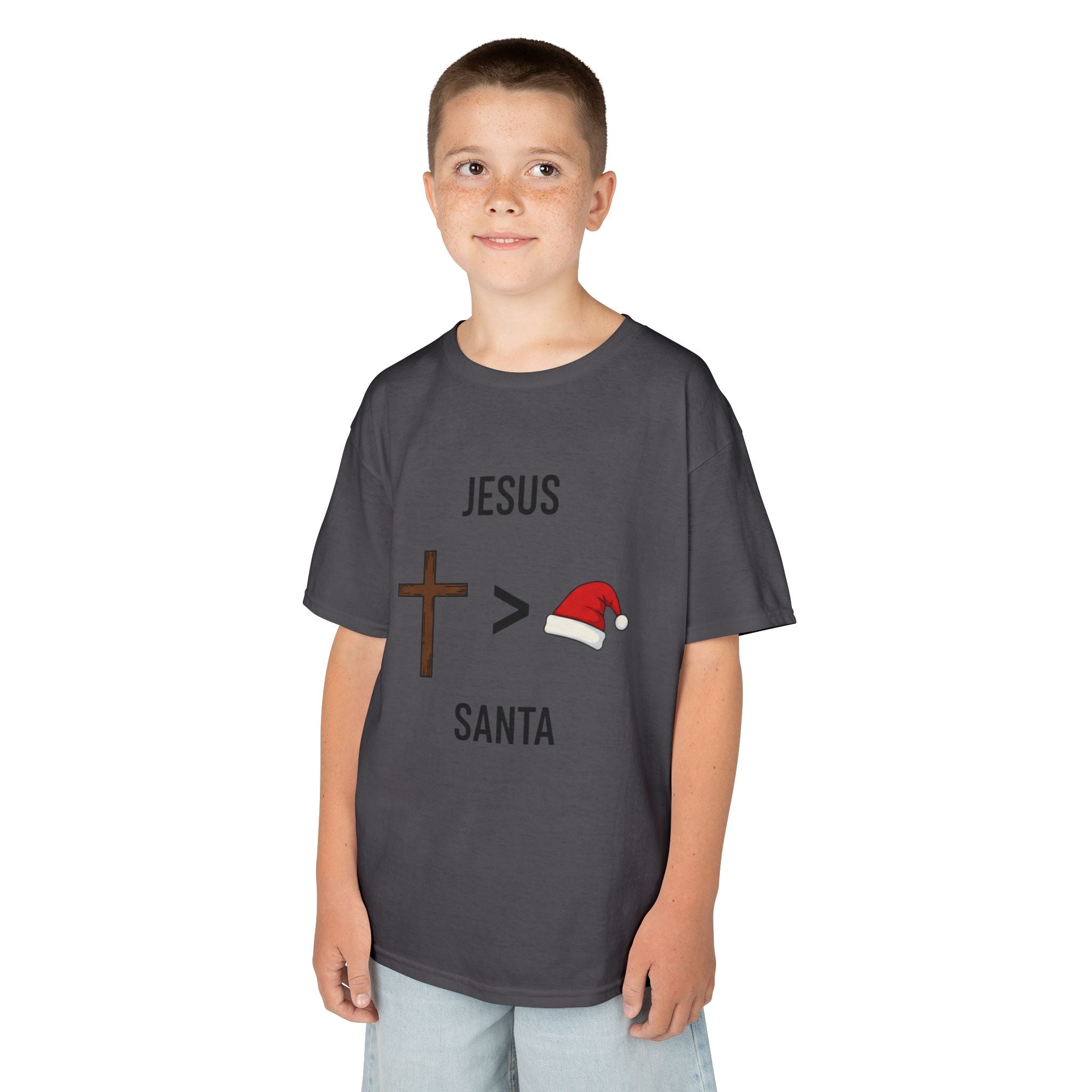 🎄 Jesus > Santa – Minimalist Christian Christmas Kids T-Shirt | Bold Faith Over Holiday Tee | Cross vs Santa Hat Design | Uplifted Gear Printify