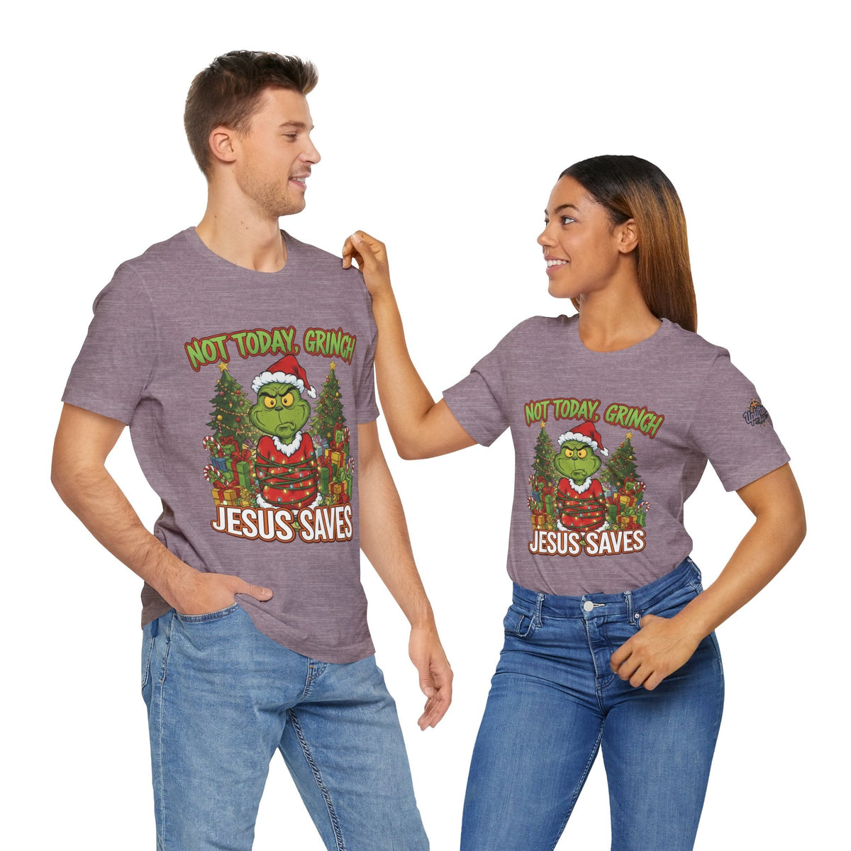 🎄 Not Today, Grinch – Jesus Saves | Funny Christian Christmas T-Shirt | Sulking Grinch & Glowing Cross | Bold Neon Faith Tee by Uplifted Gear Printify