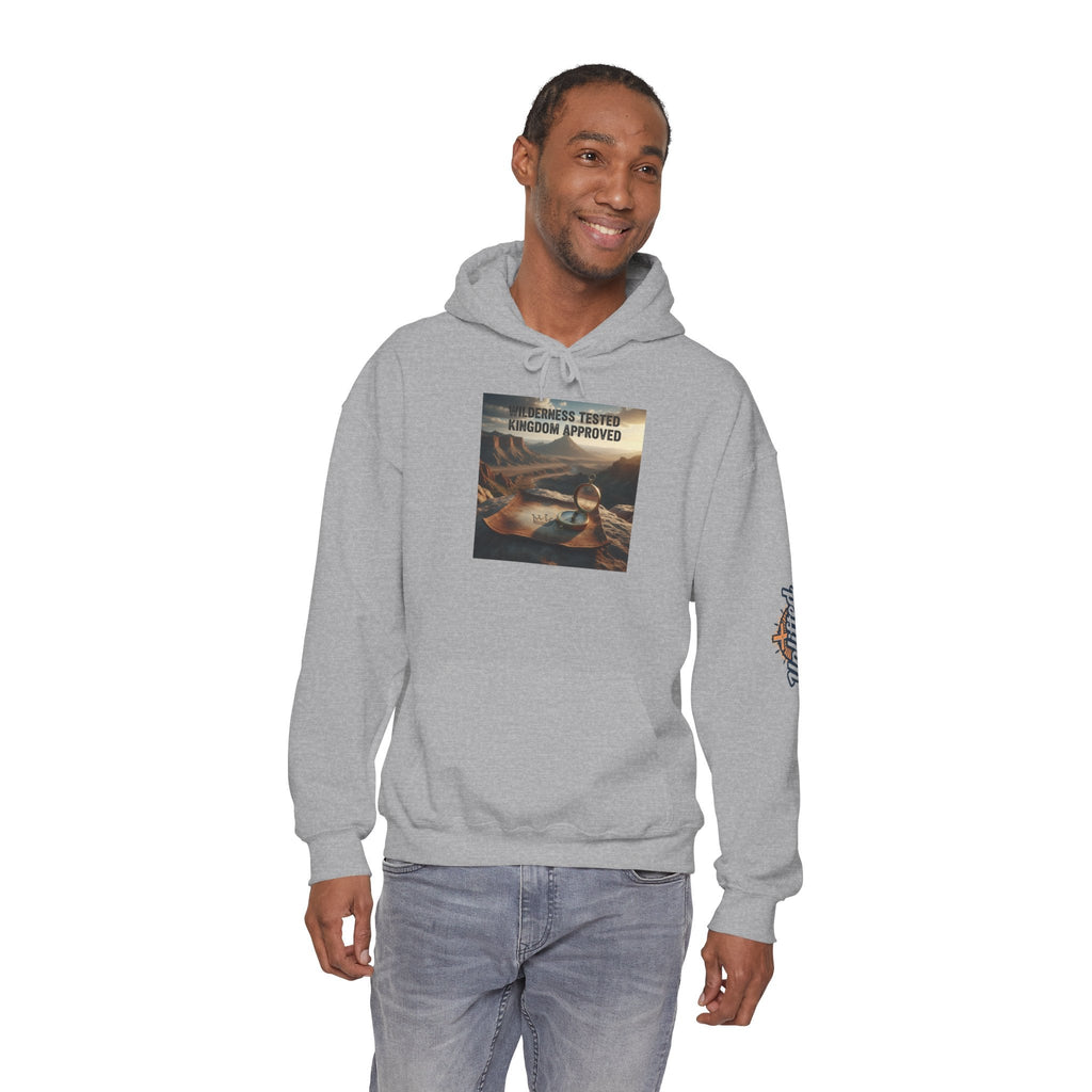 Wilderness Tested Kingdom Approved Hoodie – Mountain Desert Compass Crown Christian Sweatshirt for Biblical Adventure Faith Printify