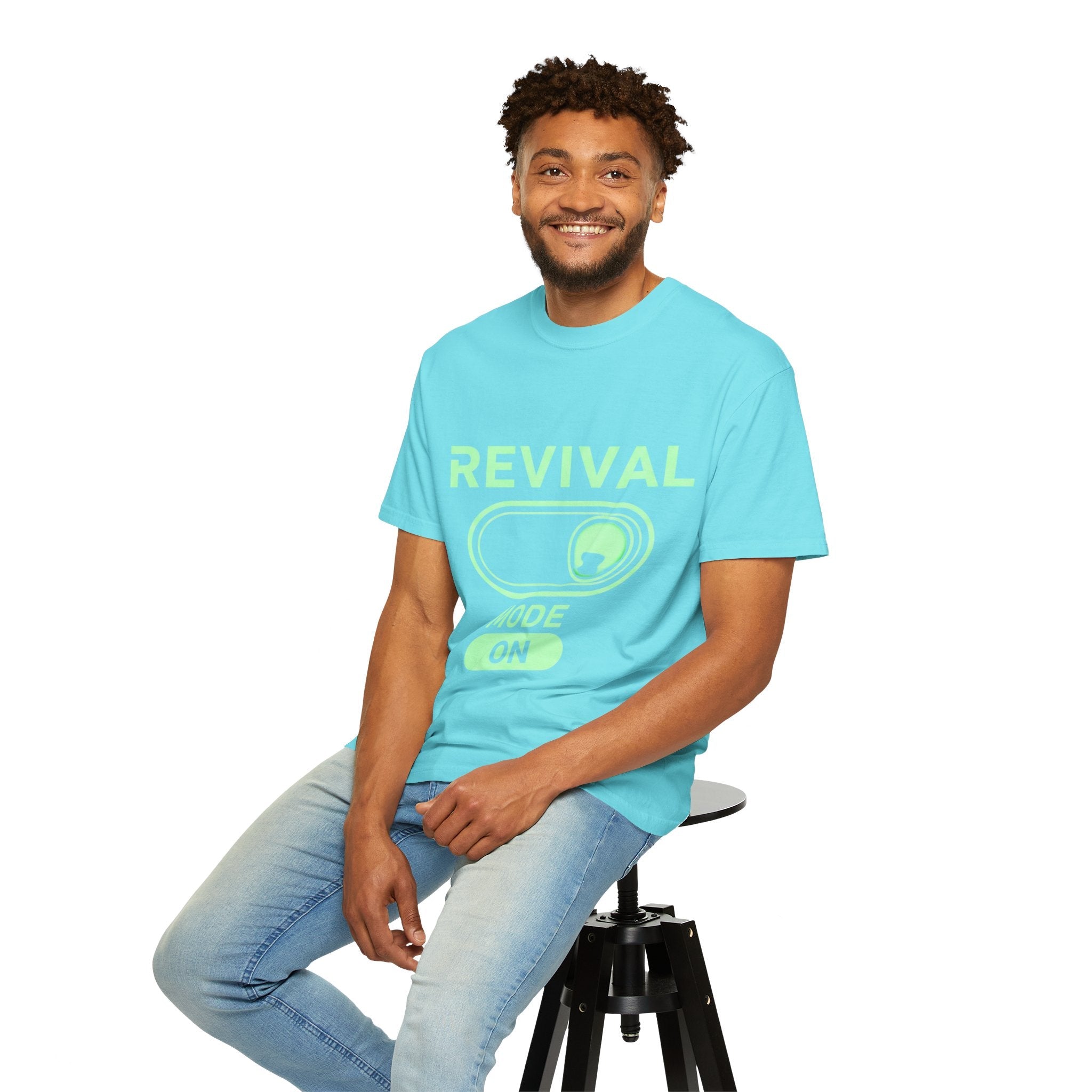 🔥 Revival Mode: ON – Christian Techwear T-Shirt | Glowing Green Faith Switch | Futuristic Jesus Shirt | Activate Your Spiritual Awakening | Uplifted Gear Printify