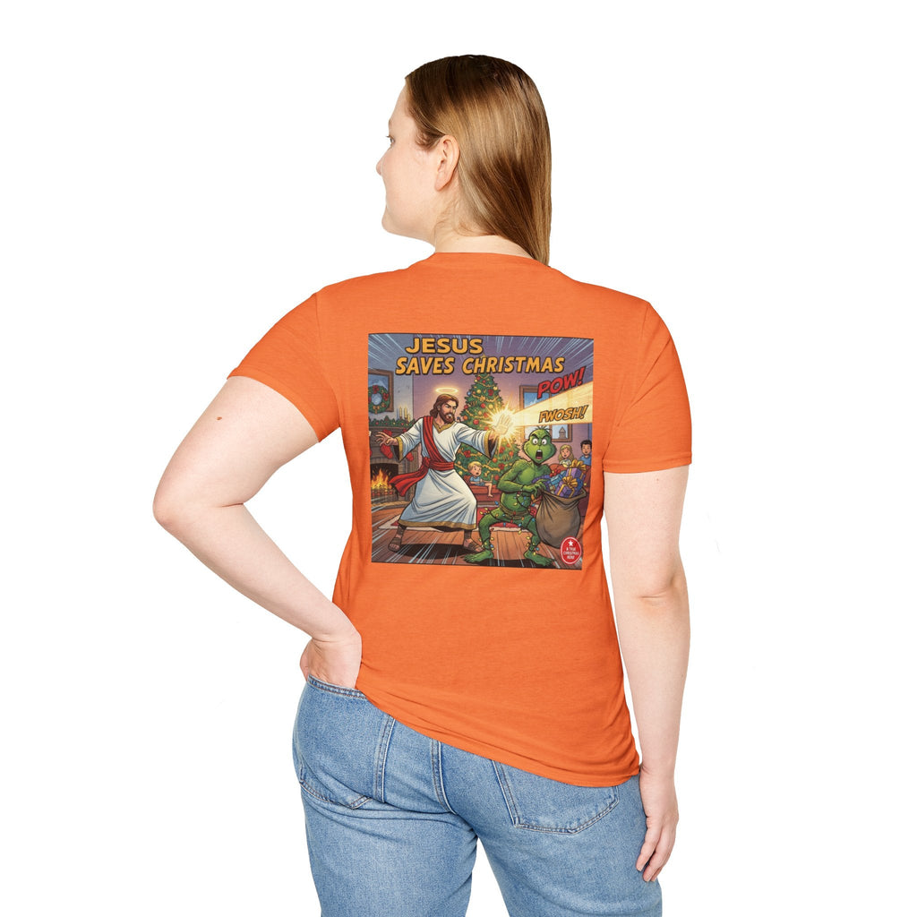 Jesus Saves Christmas T-shirt – Grinch vs Savior Light Battle Christian T-shirt for Hilarious Holiday Faith & True Joy Printify