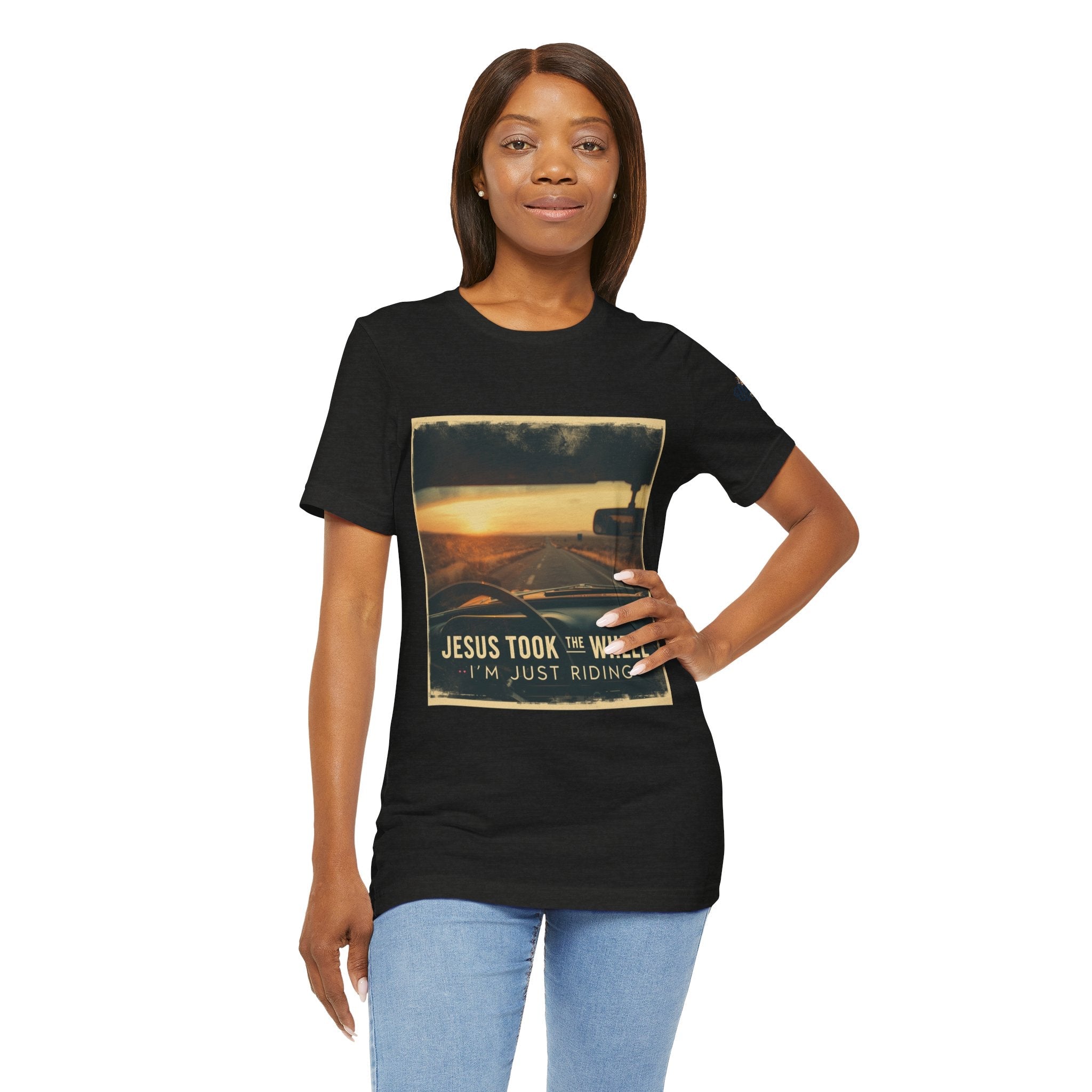Jesus Took the Wheel I'm Just Riding T-shirt – Funny Christian Convertible Car T-shirt for Surrendered Faith & Humor Printify