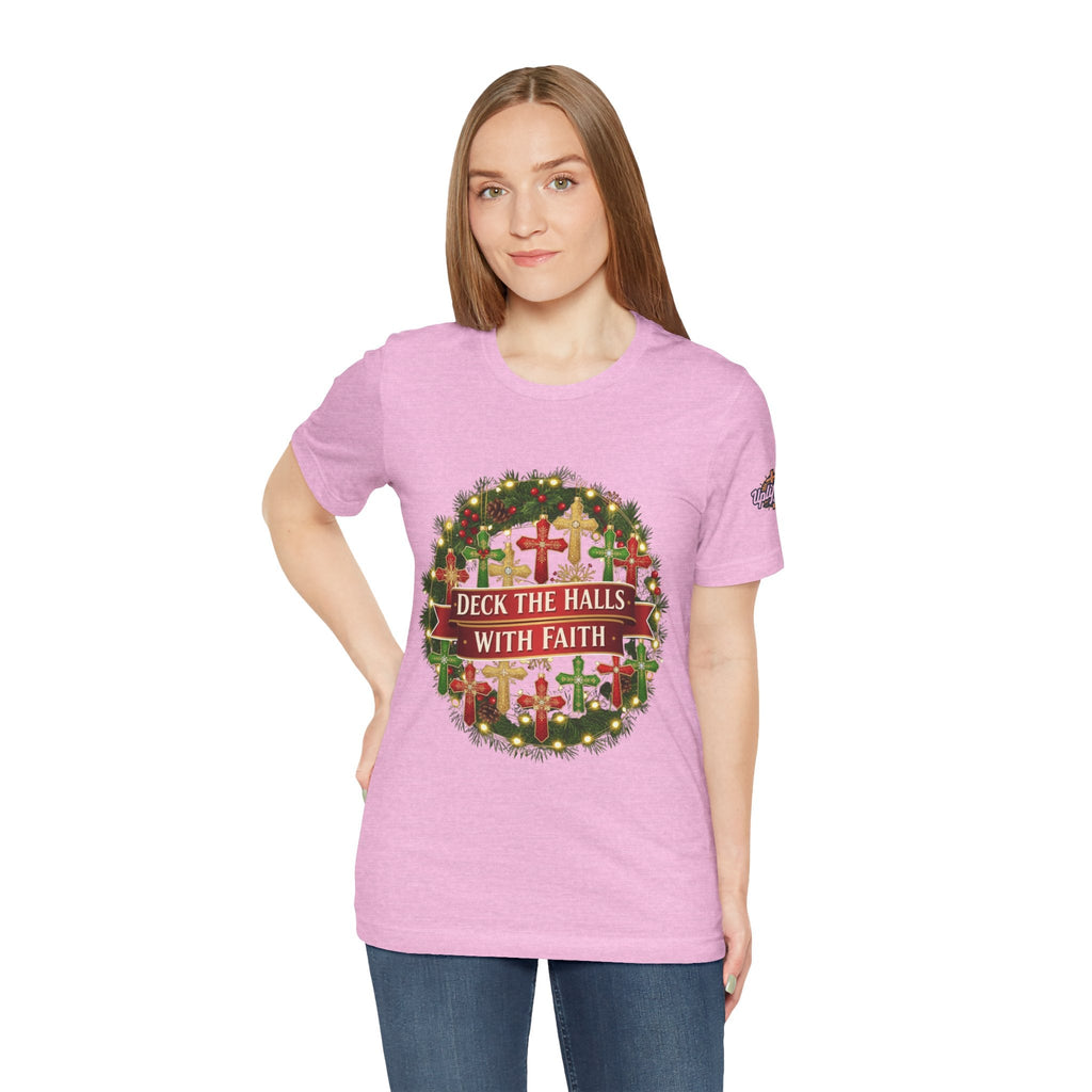 🎄 Deck the Halls with Faith – Christian Christmas T-Shirt | Cross Ornament Design & Festive Garland | Bold Holiday Faith Tee by Uplifted Gear Printify