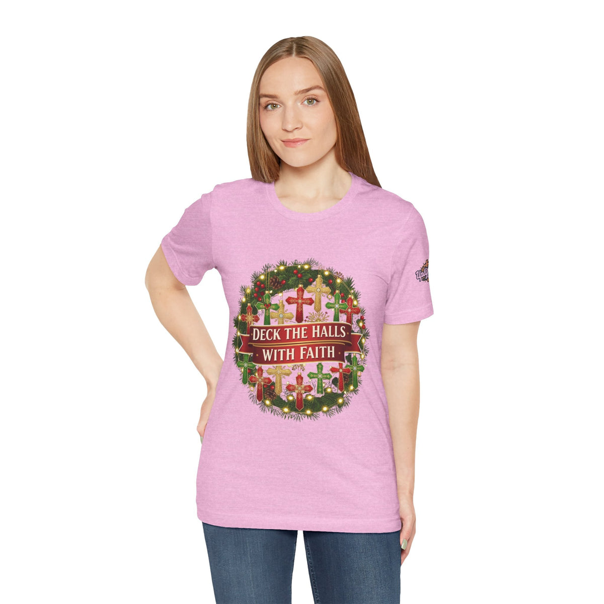 🎄 Deck the Halls with Faith – Christian Christmas T-Shirt | Cross Ornament Design & Festive Garland | Bold Holiday Faith Tee by Uplifted Gear Printify