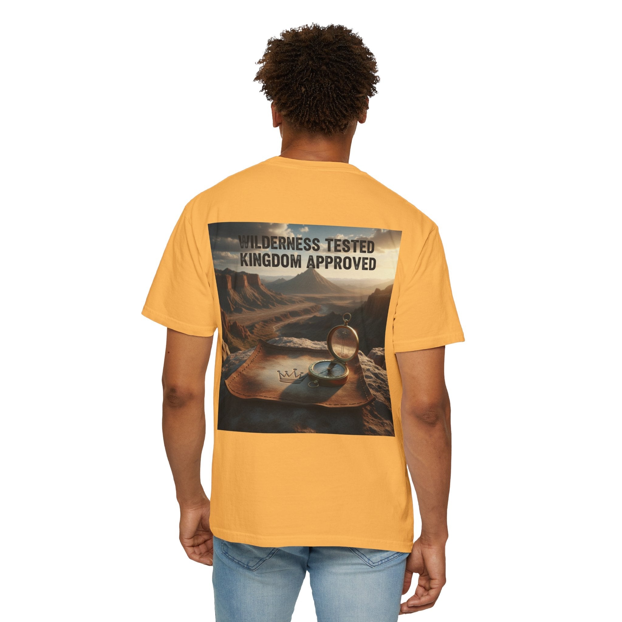 Wilderness Tested Kingdom Approved T-shirt – Mountain Desert Compass Crown Christian T-shirt for Biblical Adventure Faith Printify