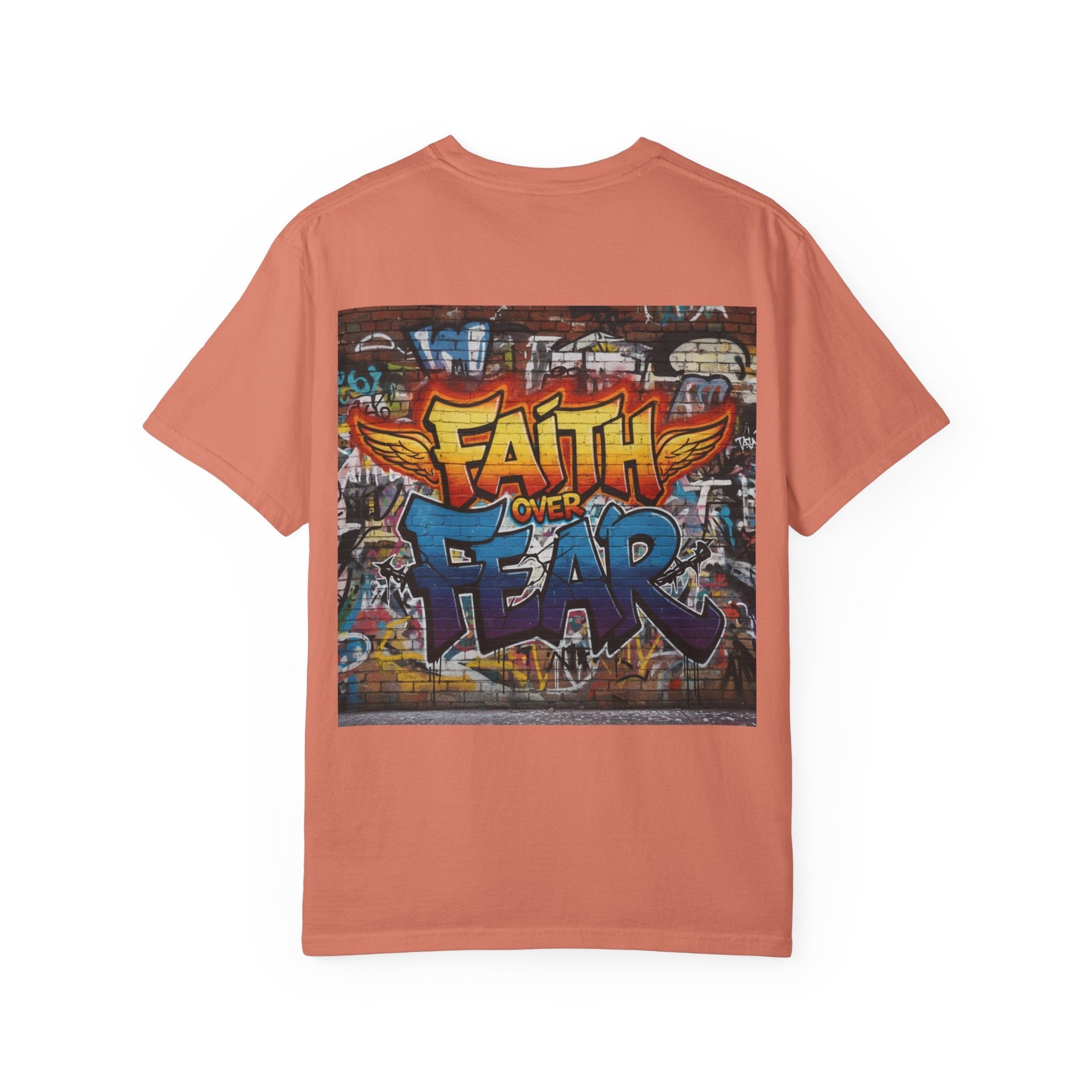 Faith Over Fear T-shirt – Graffiti Wall Christian T-shirt for Bold 2 Corinthians 5:7 Streetwear & Unshakable Faith Printify