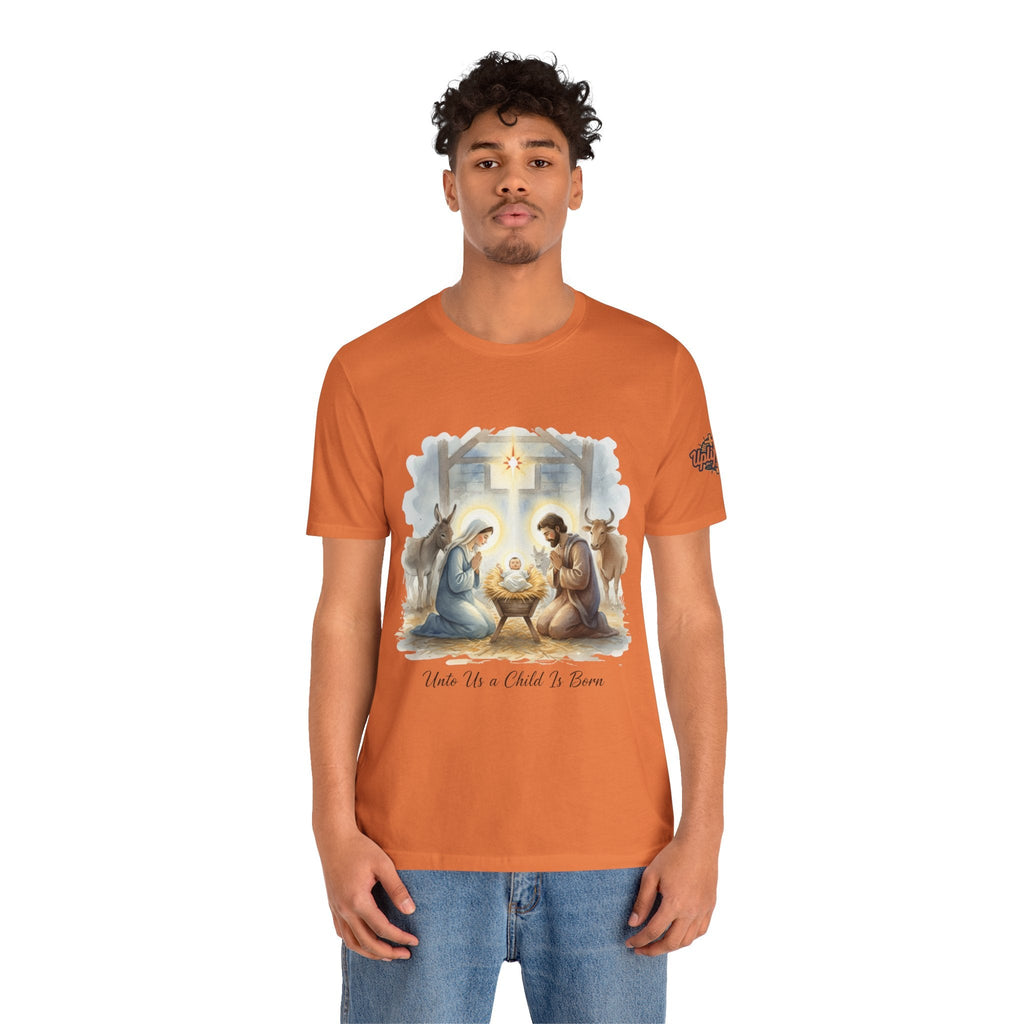 Unto Us a Child is Born T-shirt – Isaiah 9:6 Nativity Manger Scene Christian Christmas T-shirt for Holy Night Faith Printify