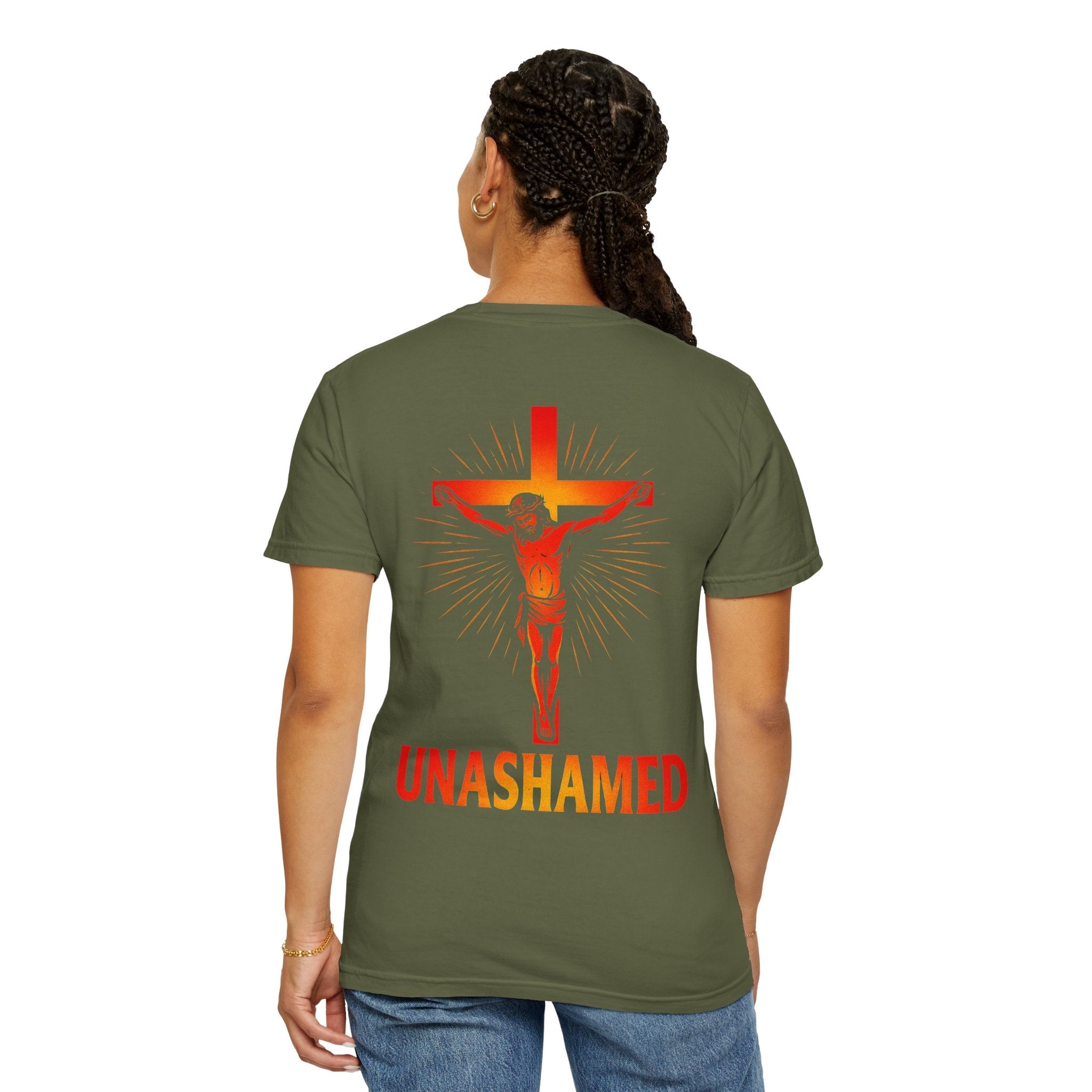 Unashamed T-shirt – Romans 1:16 Crucifixion Christian t-shirt for Bold Unwavering Faith Red Printify