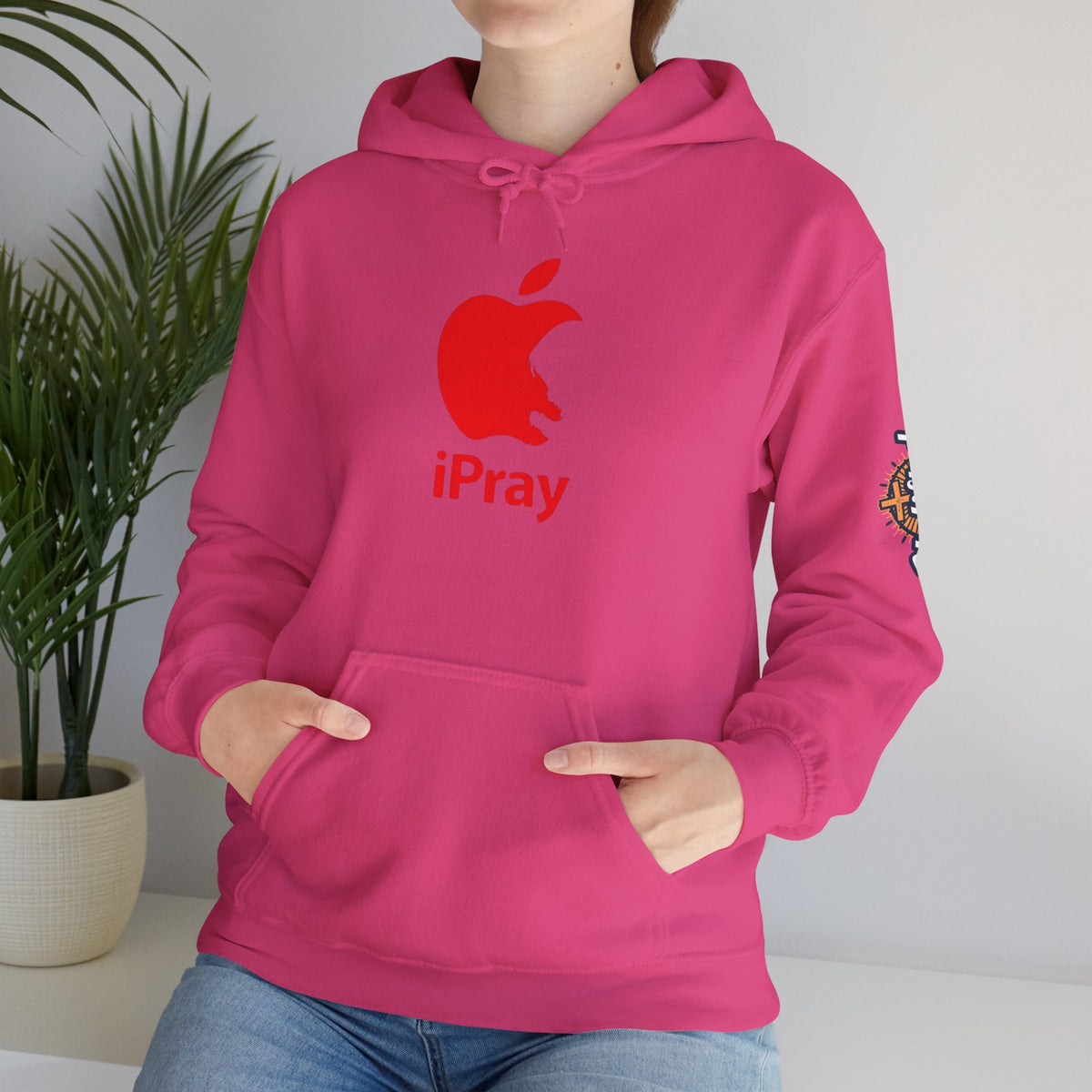 iPray Apple Logo Hoodie — Funny Christian Hoodie (Minimal Red Apple Graphic) Printify