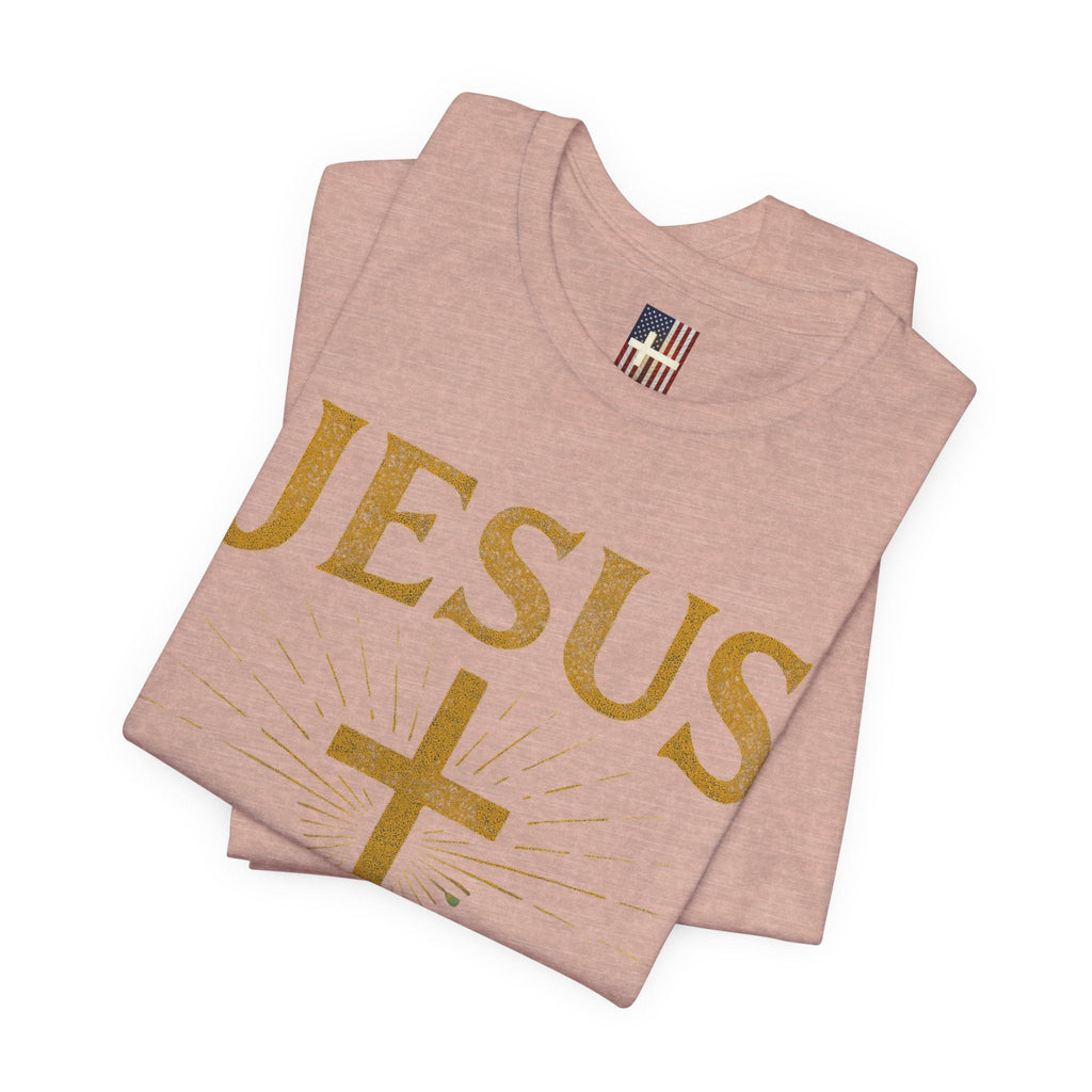 Jesus Saves T-shirt – Radiant Cross & Rays of Light Christian T-shirt for Eternal Hope & Faith Printify