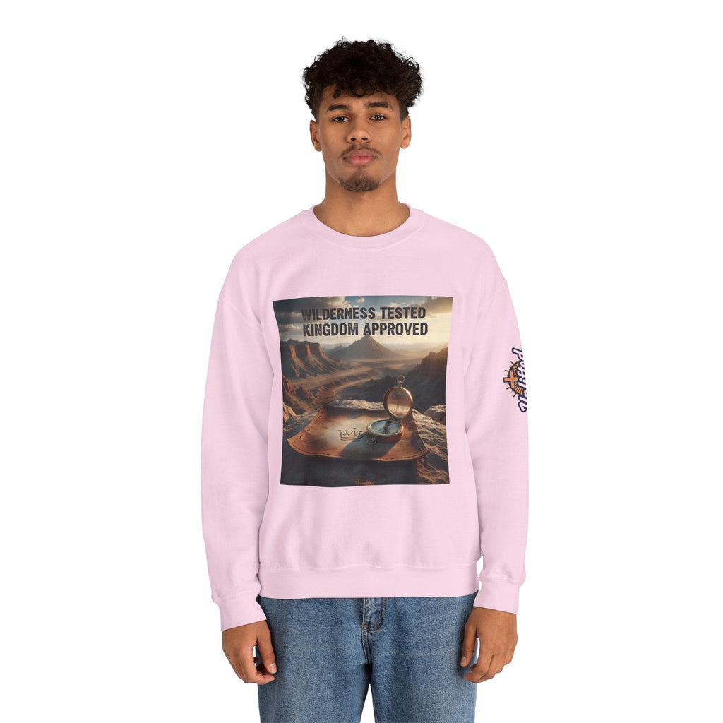 Wilderness Tested Kingdom Approved Sweatshirt – Mountain Desert Compass Crown Christian Sweatshirt for Biblical Adventure Faith Printify