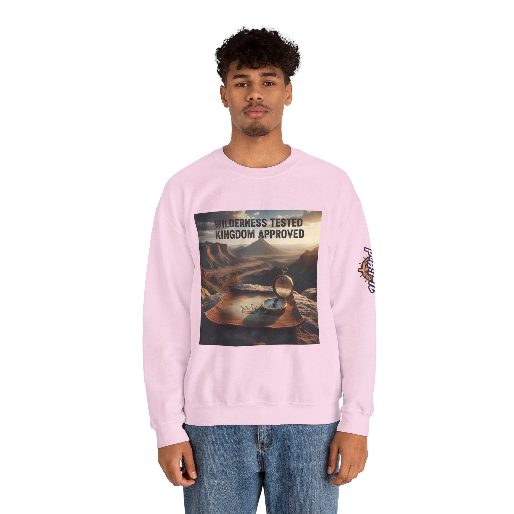Wilderness Tested Kingdom Approved Sweatshirt – Mountain Desert Compass Crown Christian Sweatshirt for Biblical Adventure Faith Printify
